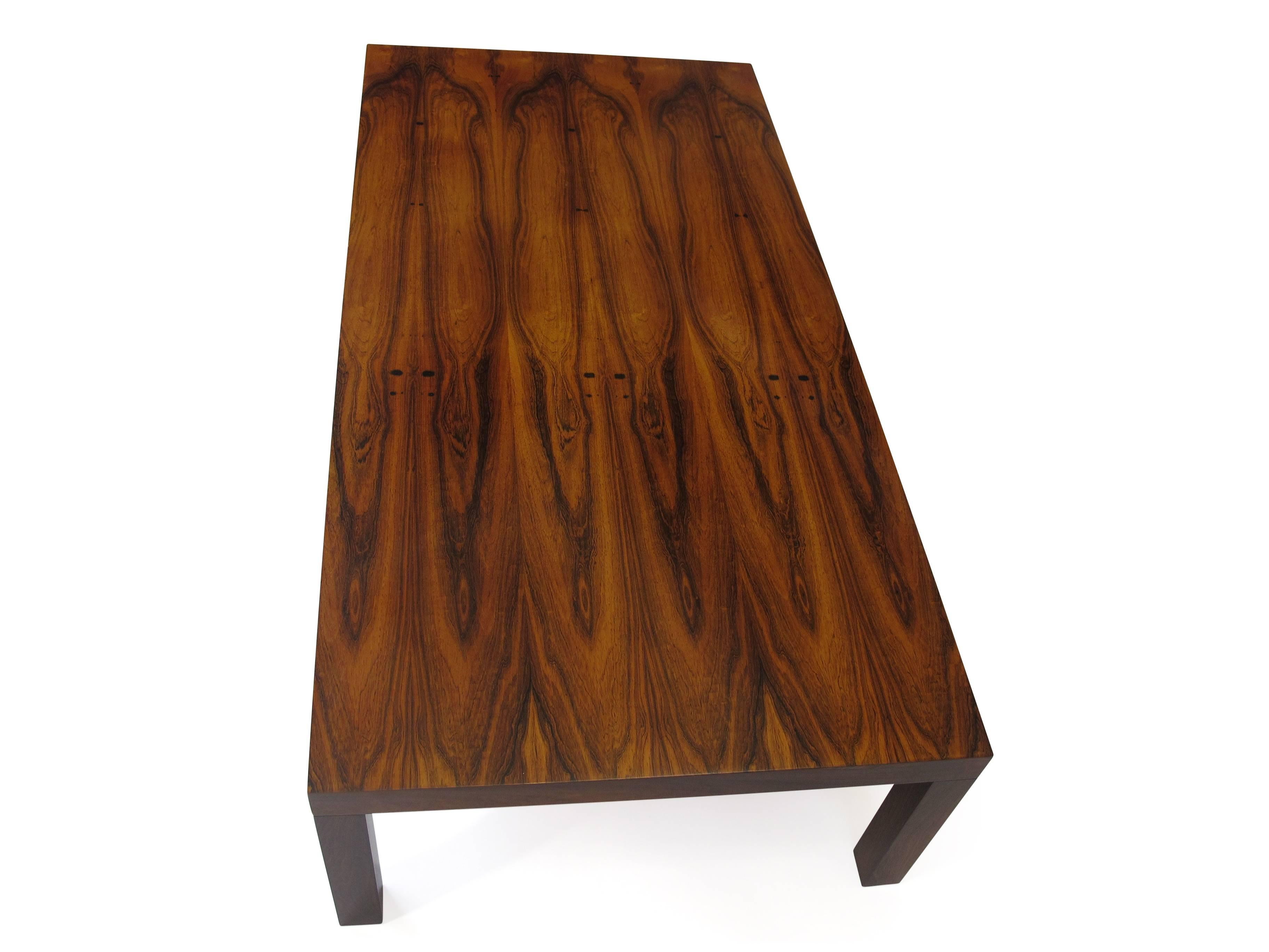 Midcentury Brazilian Rosewood Parson style coffee table with dramatic rich grain. 