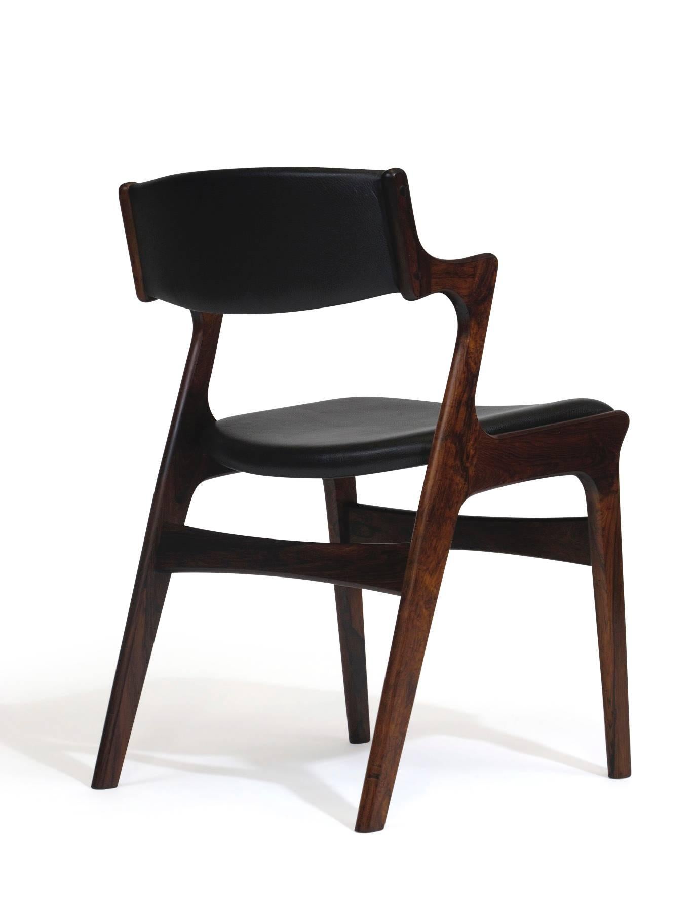 Oiled Four Danish Rosewood and Black Leather Dining Chairs