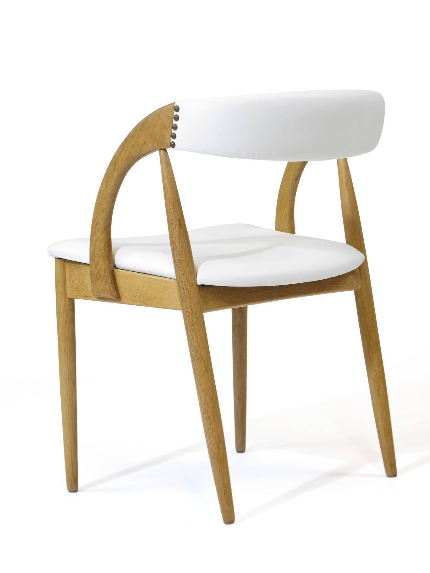 Scandinavian Modern Pair of Danish White Oak Dining Chairs in White Leather