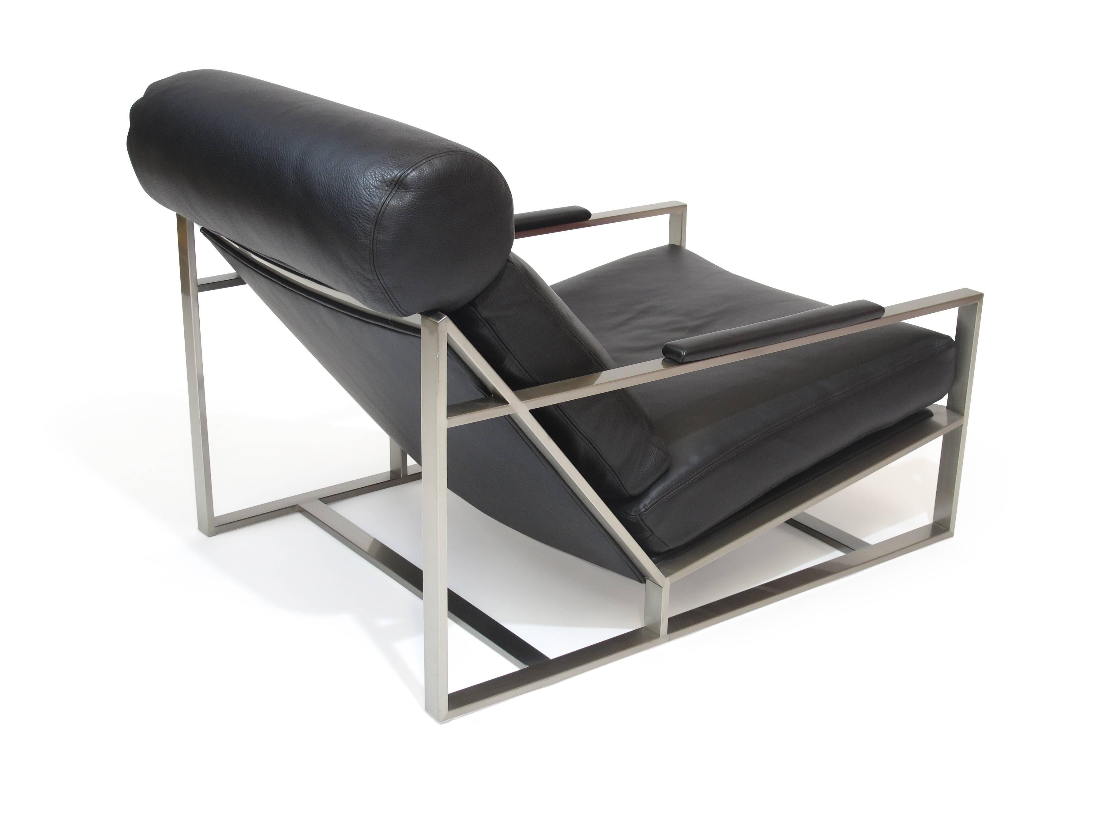 Mid-Century Modern Milo Baughman for Thayer Coggin Steel Lounge Chair in Black Leather