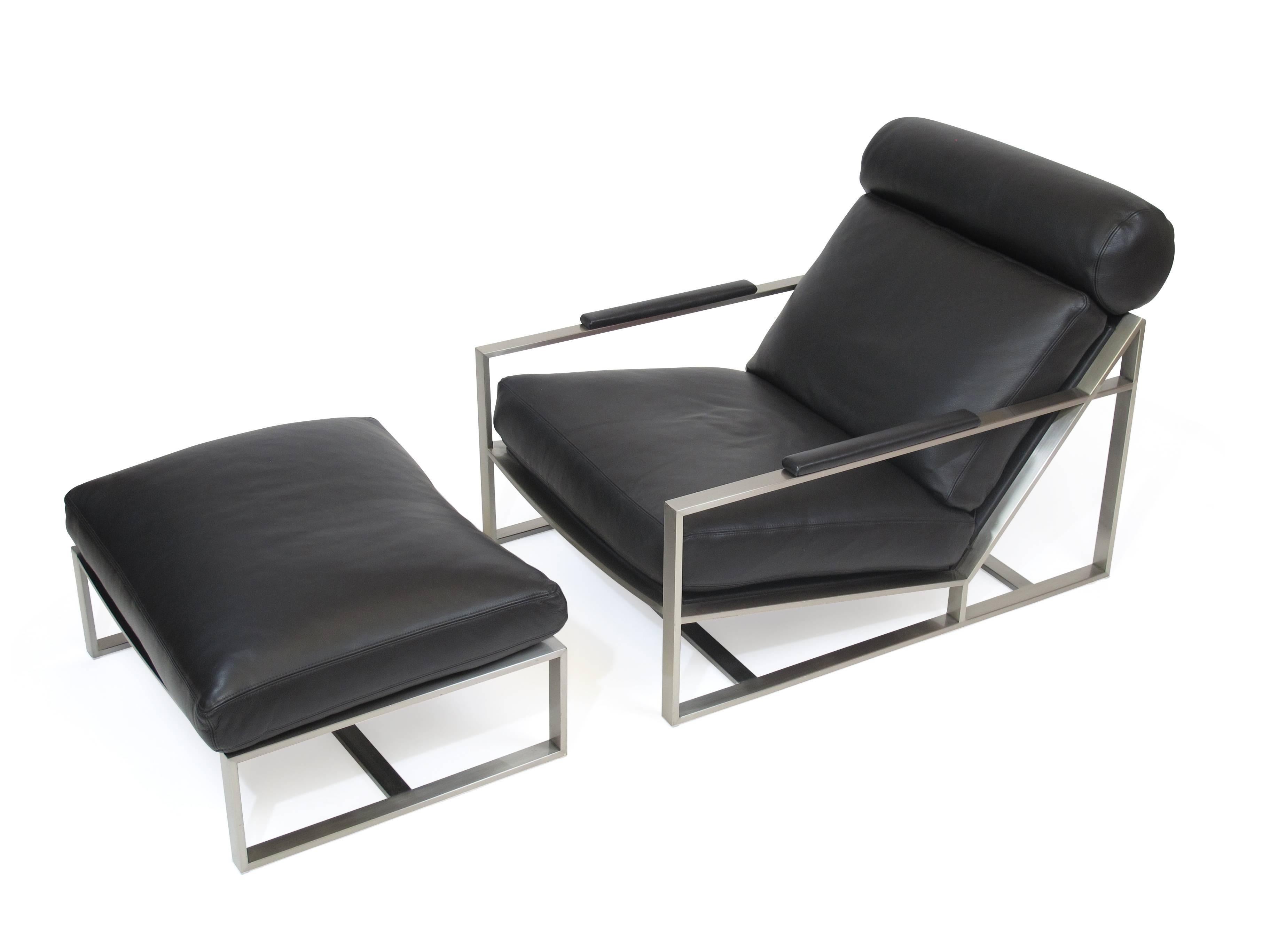Brushed Milo Baughman for Thayer Coggin Steel Lounge Chair in Black Leather