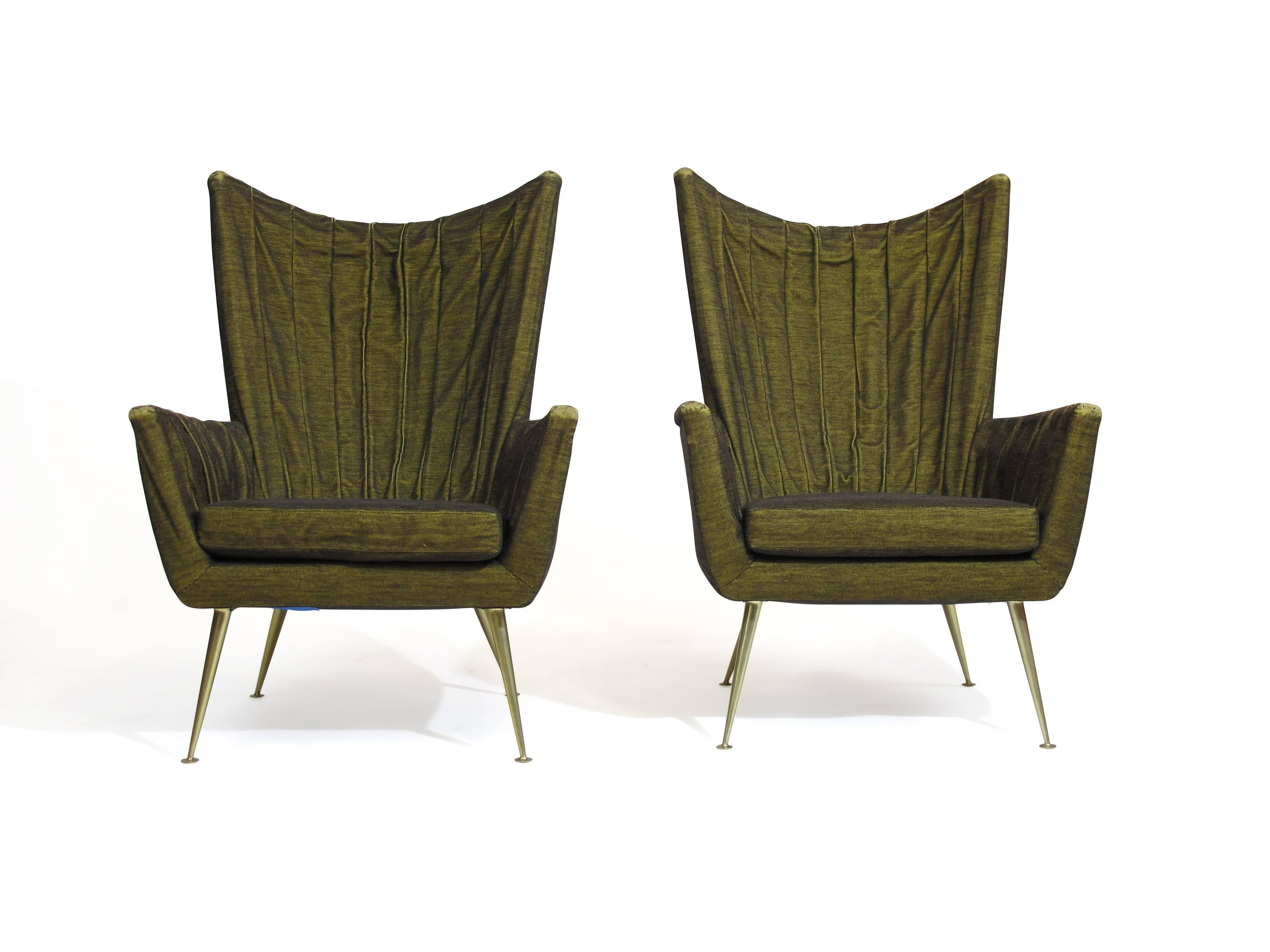 Mid-Century Modern Italian Settee & Pair of Lounge Chairs - Original Horsehair Fabric on Brass