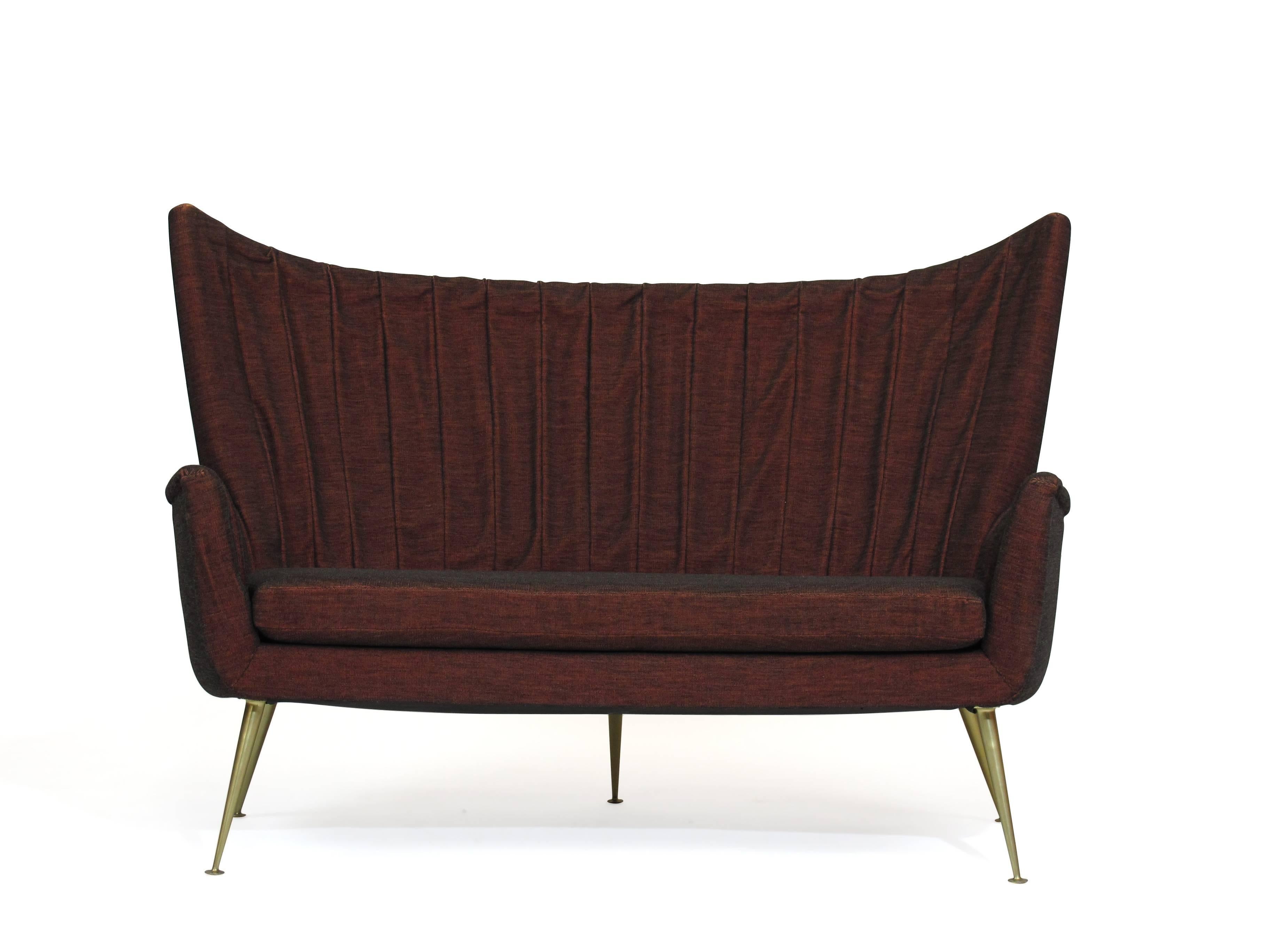 Mid-20th Century Italian Midcentury Settee in Burgundy Red Horsehair Fabric on Brass Legs