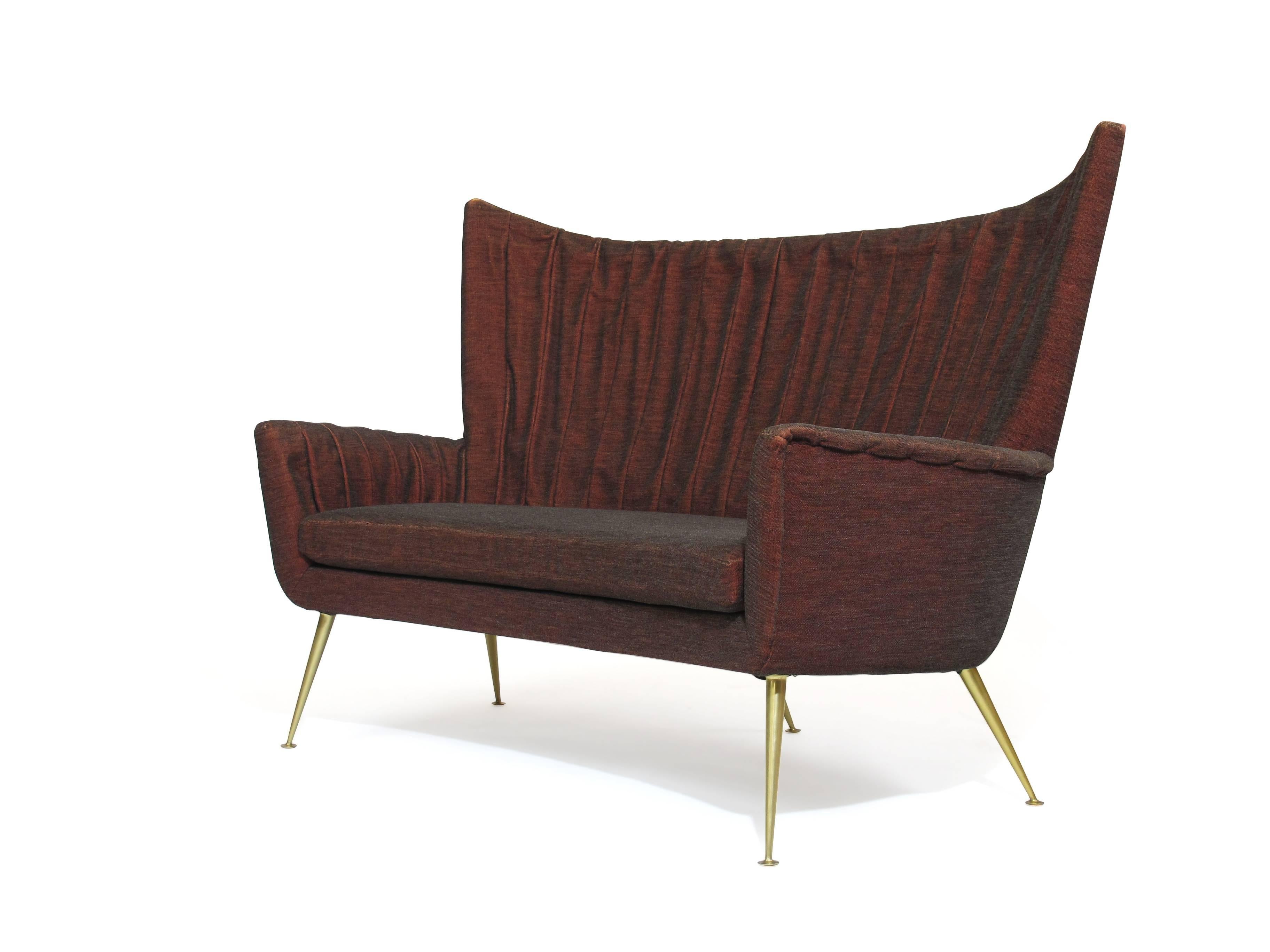 Italian Midcentury Settee in Burgundy Red Horsehair Fabric on Brass Legs 1