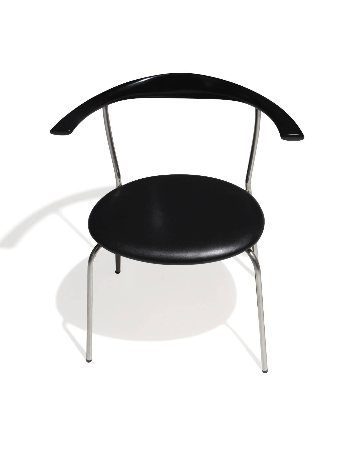 Mid-Century Modern Hans Wegner Pp701 Bull Horn Dining Chairs in Black Lacquer, Leather and Steel