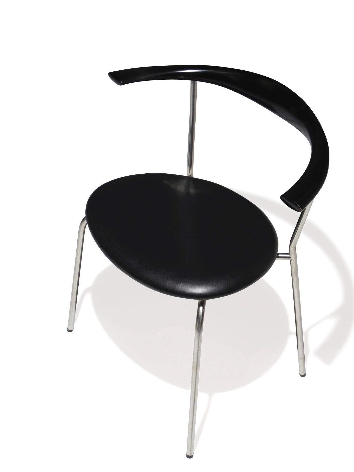 20th Century Hans Wegner Pp701 Bull Horn Dining Chairs in Black Lacquer, Leather and Steel