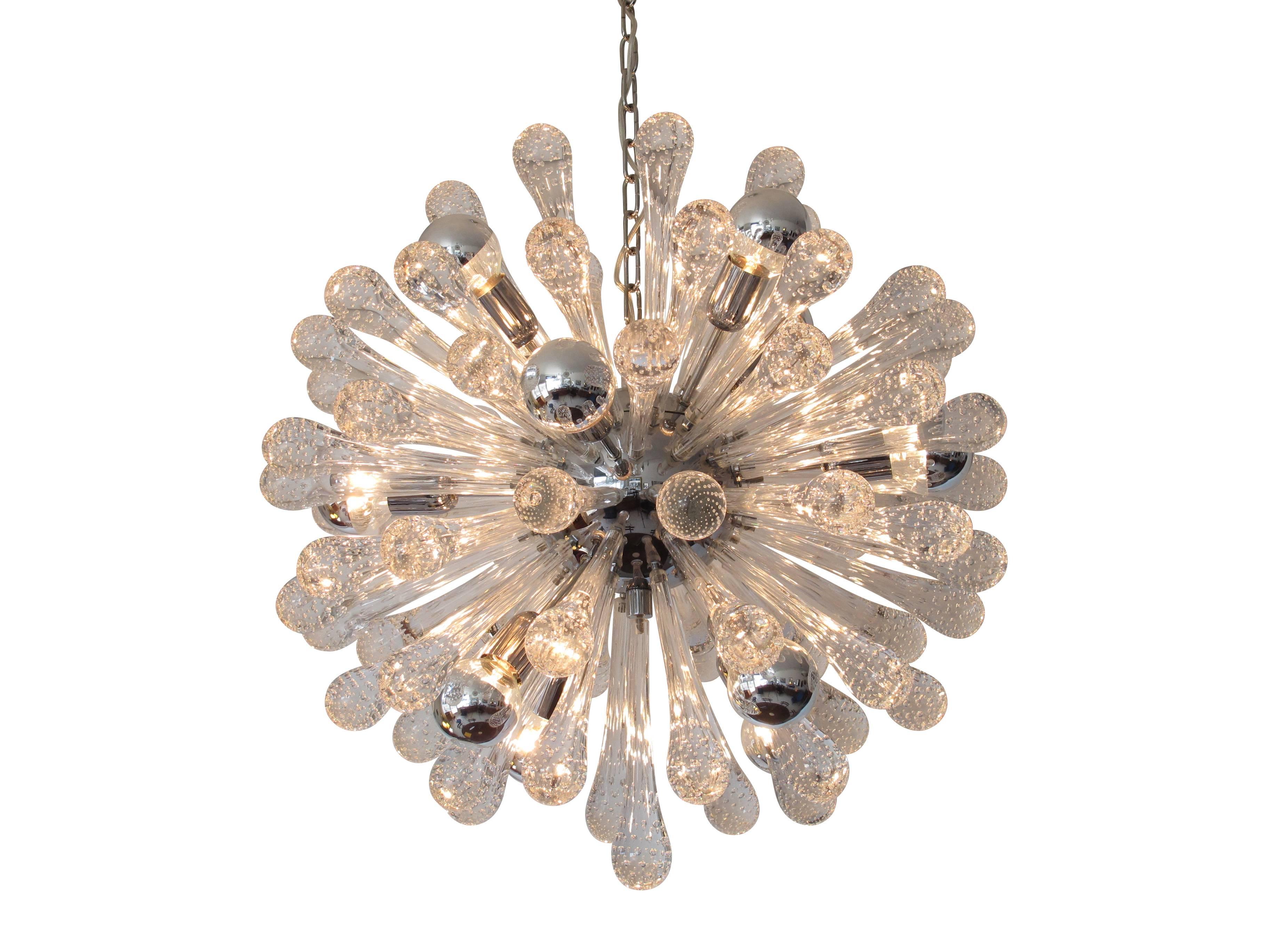 Murano Sputnik chandelier with 76 tear-drop bubble encased glass rods, twelve lights, on a chrome centre. Matching nine-light chandelier also available upon request.