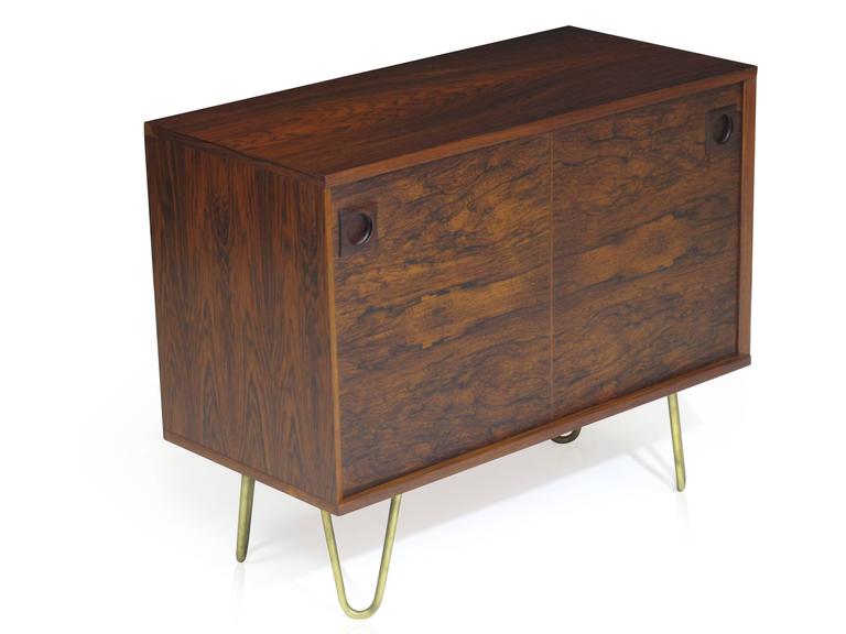 Danish Rosewood or Nightstand on Brass Hairpin Legs For Sale at