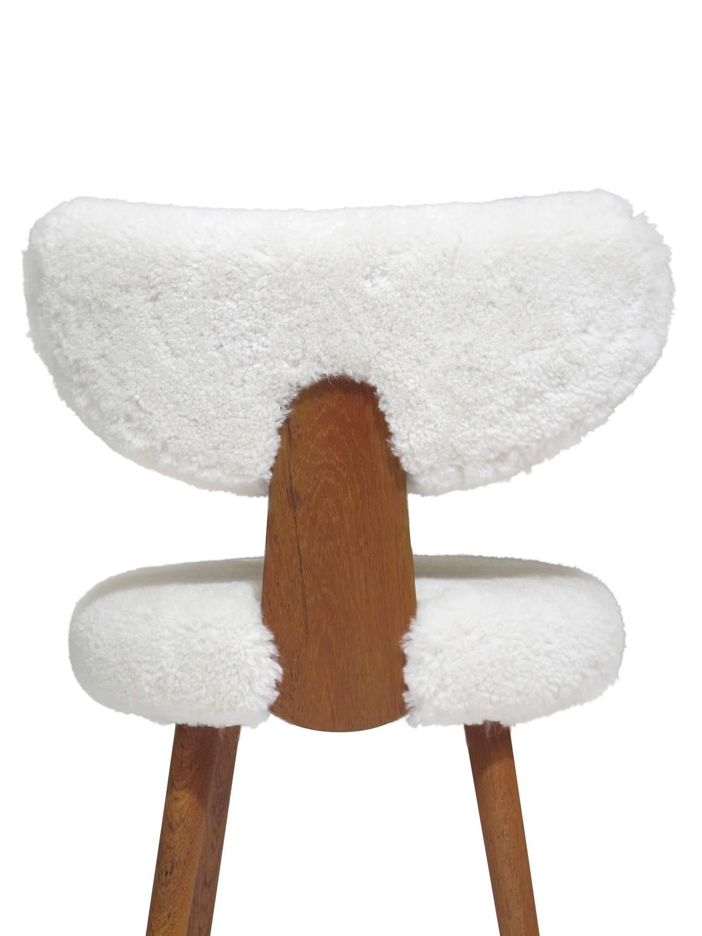 1950s Scandinavian vanity chair fully restored and upholstered in new sheepskin shearling.