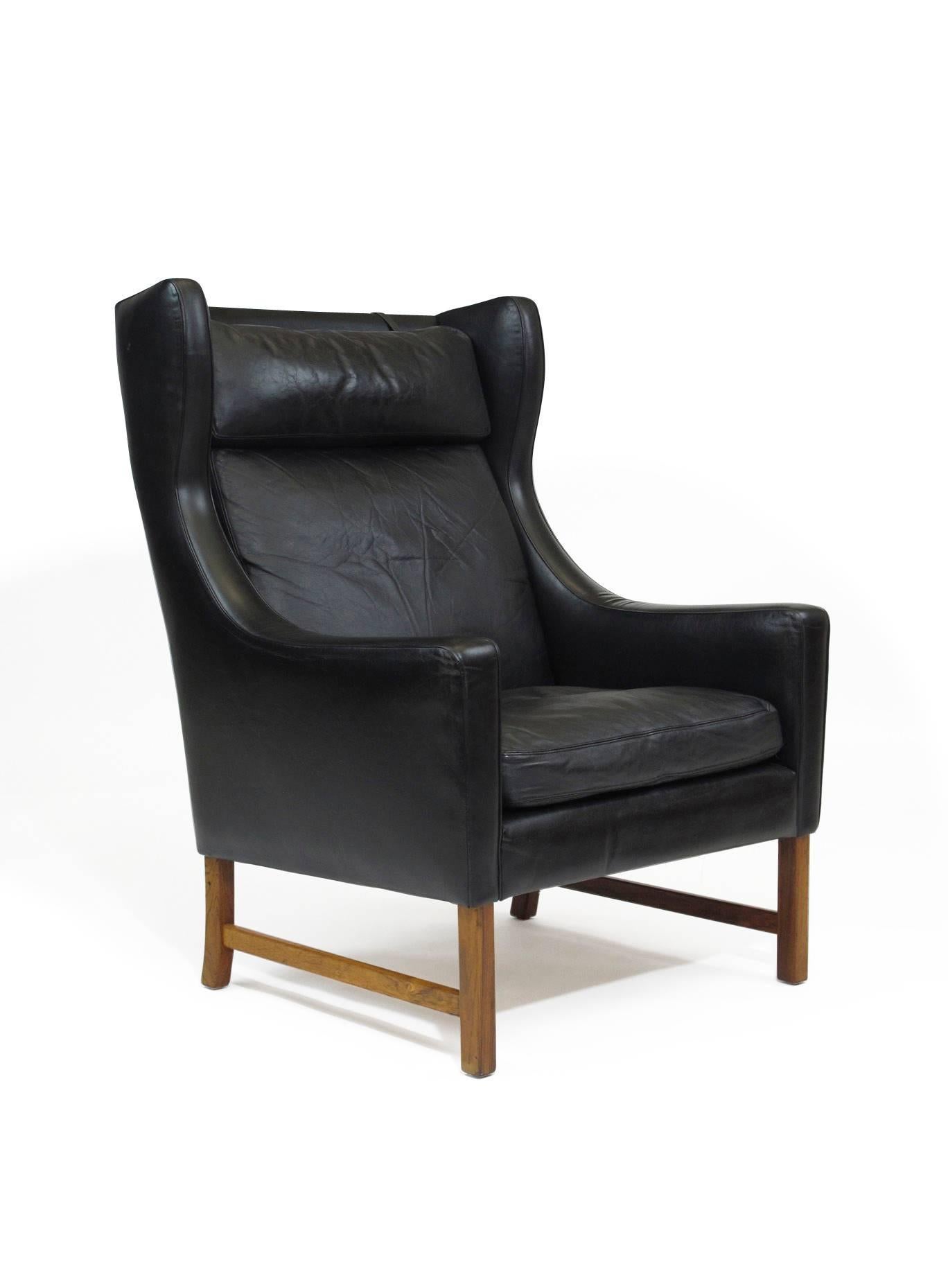 Scandinavian Modern Fredrik Kayser Rosewood and Black Leather High-Back Danish Lounge Chair