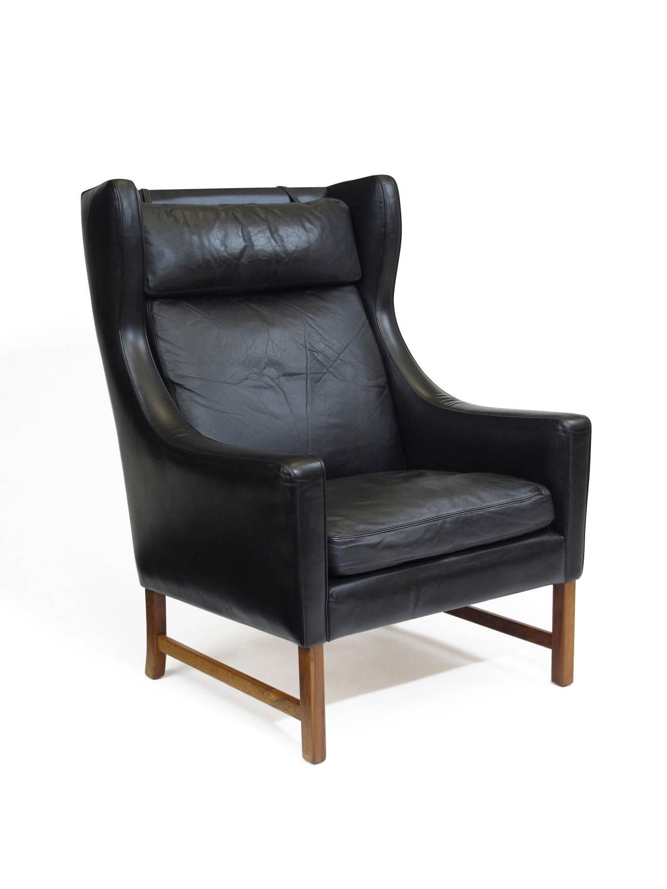 20th Century Fredrik Kayser Rosewood and Black Leather High-Back Danish Lounge Chair