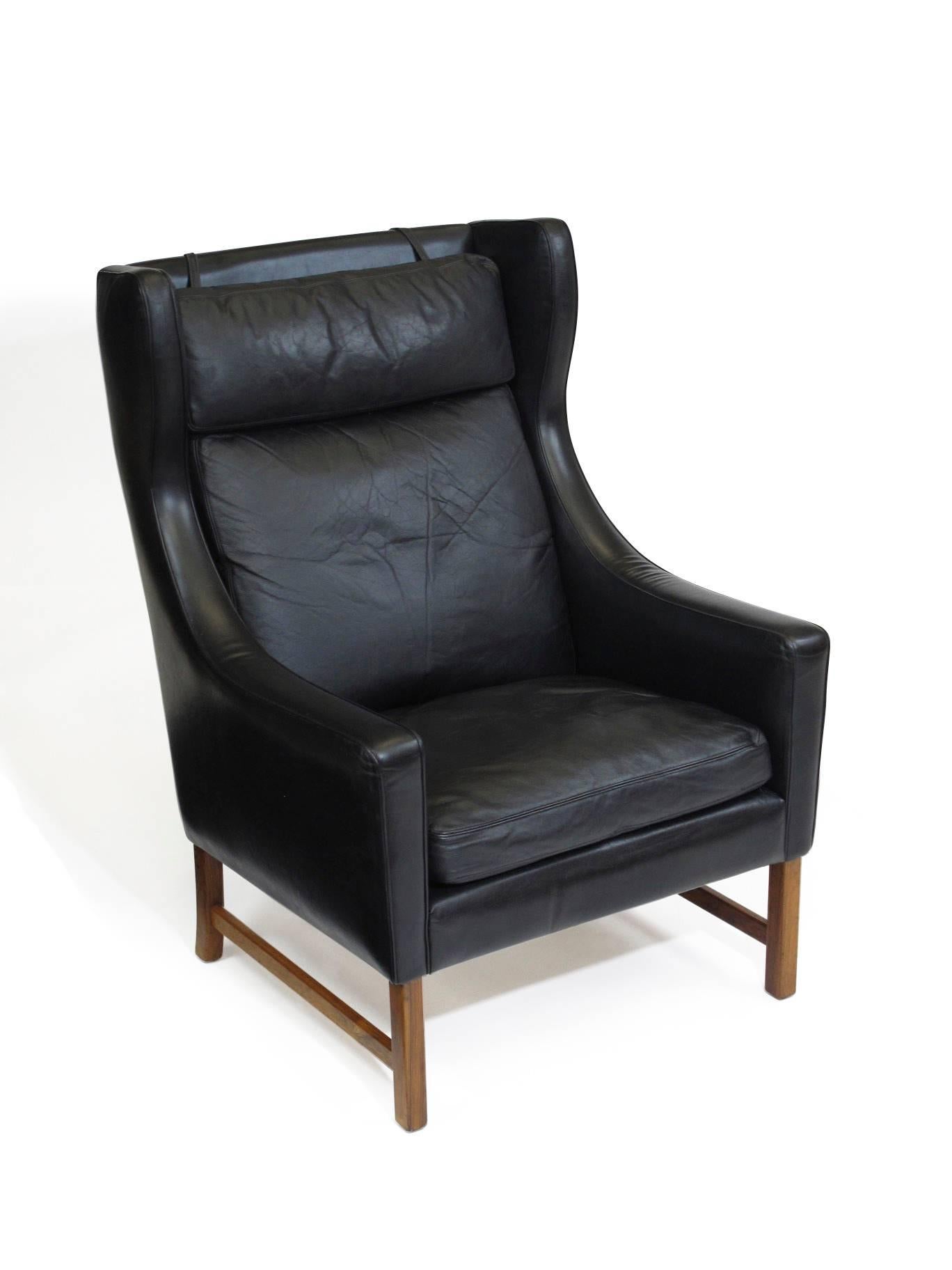Fredrik Kayser Rosewood and Black Leather High-Back Danish Lounge Chair 1