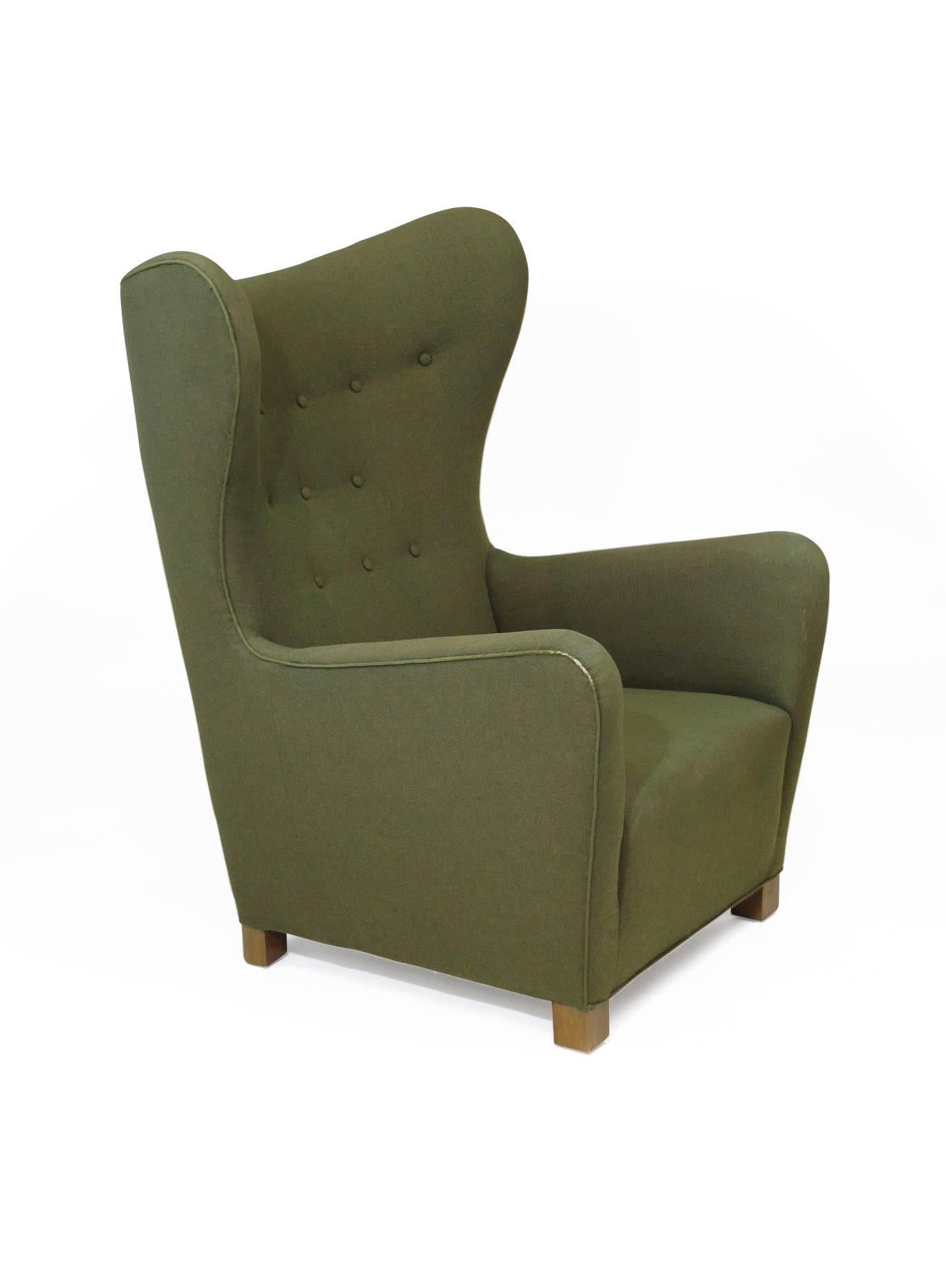Scandinavian Modern 1942 Fritz Hansen Model 1672 Wing Back Chair in the Original Green Wool Fabric