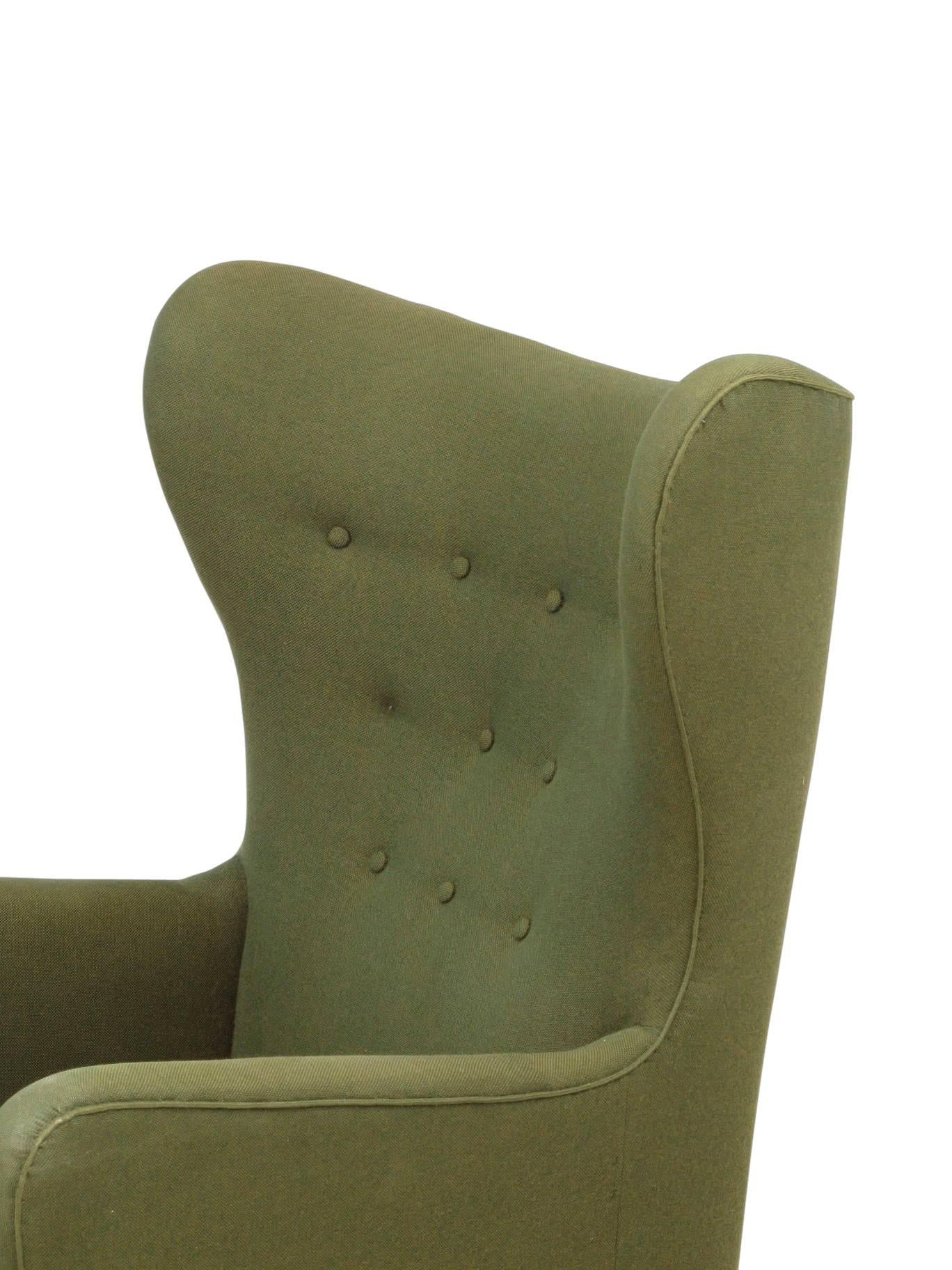 Danish 1942 Fritz Hansen Model 1672 Wing Back Chair in the Original Green Wool Fabric