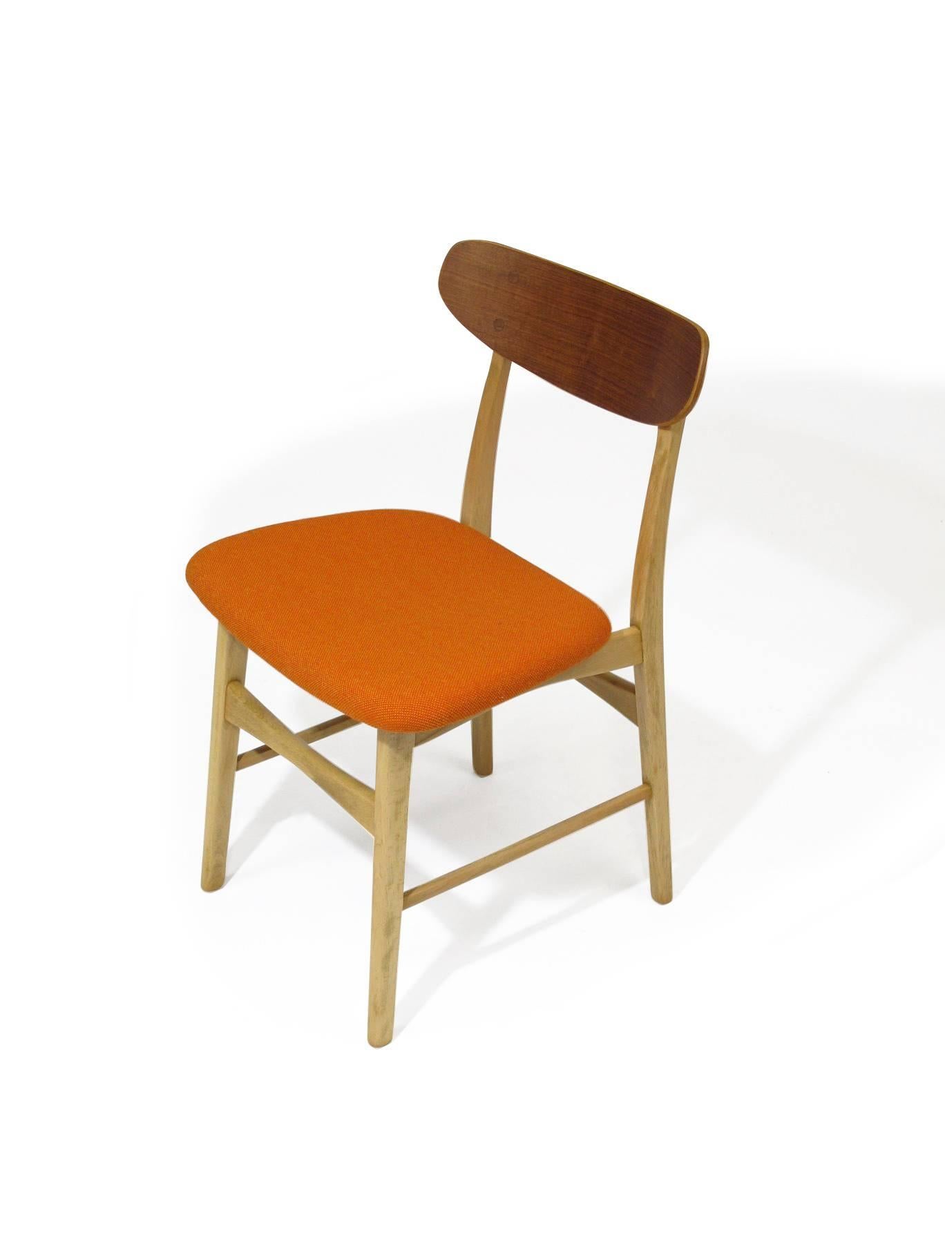 Basic Danish Teak and Beech Dining Chairs with New Orange Seats In Excellent Condition In Oakland, CA