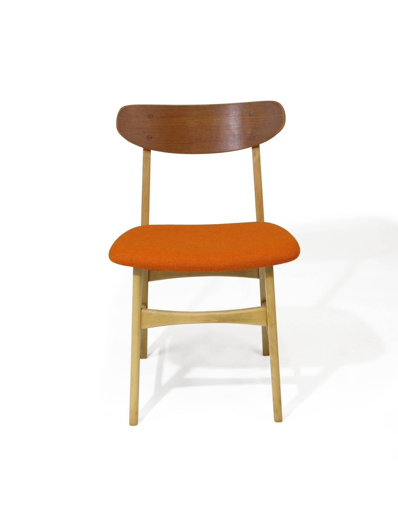 20th Century Basic Danish Teak and Beech Dining Chairs with New Orange Seats