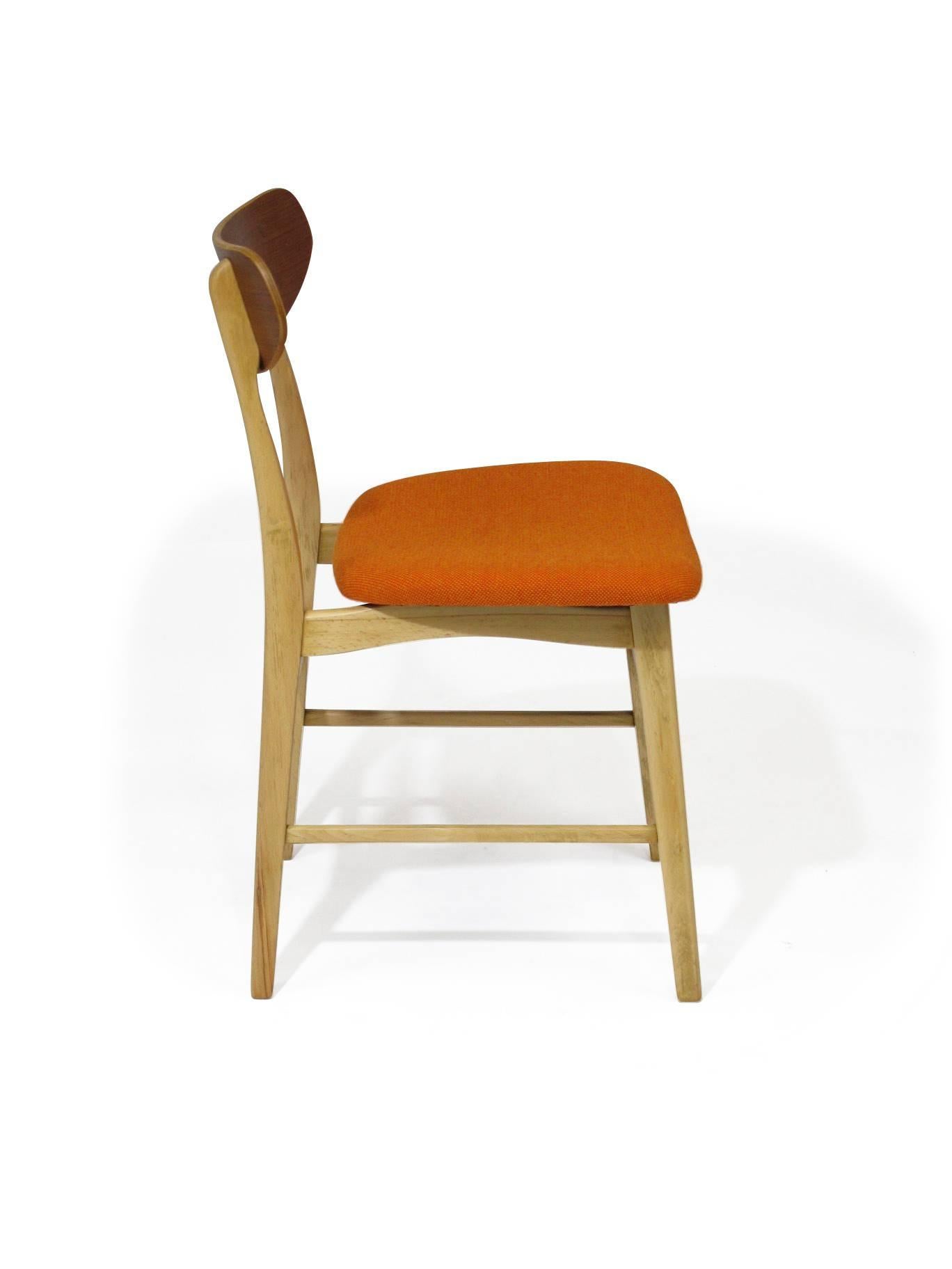 Basic Danish Teak and Beech Dining Chairs with New Orange Seats 1