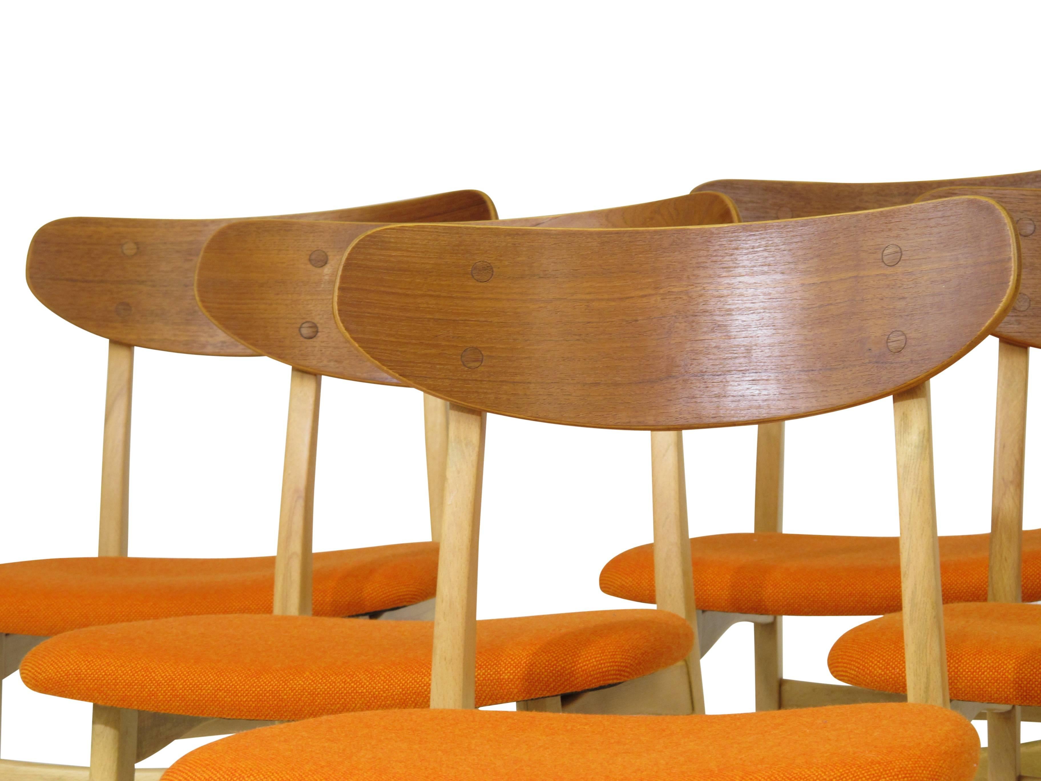 Basic Danish Teak and Beech Dining Chairs with New Orange Seats 3