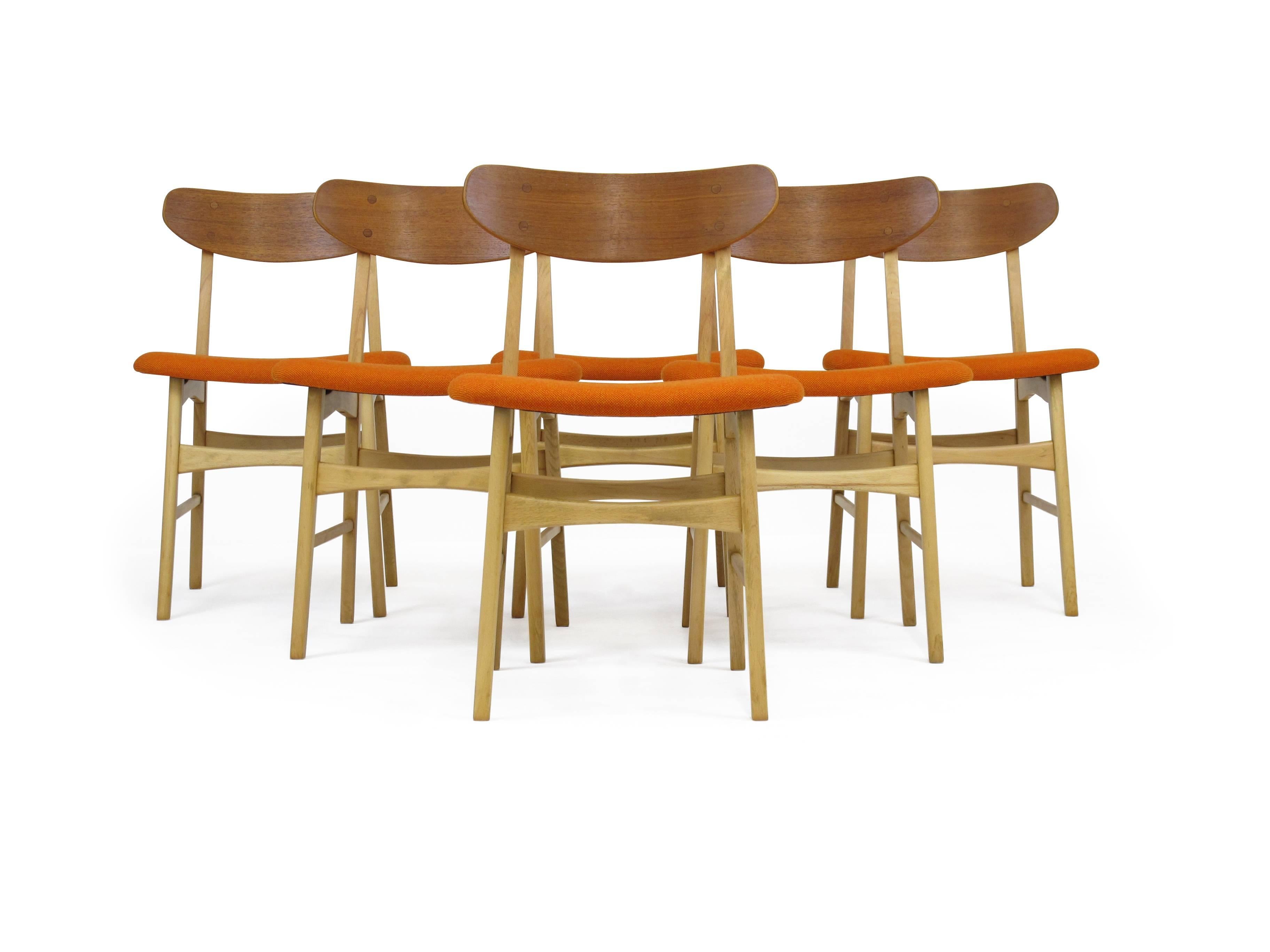 Scandinavian Modern Basic Danish Teak and Beech Dining Chairs with New Orange Seats