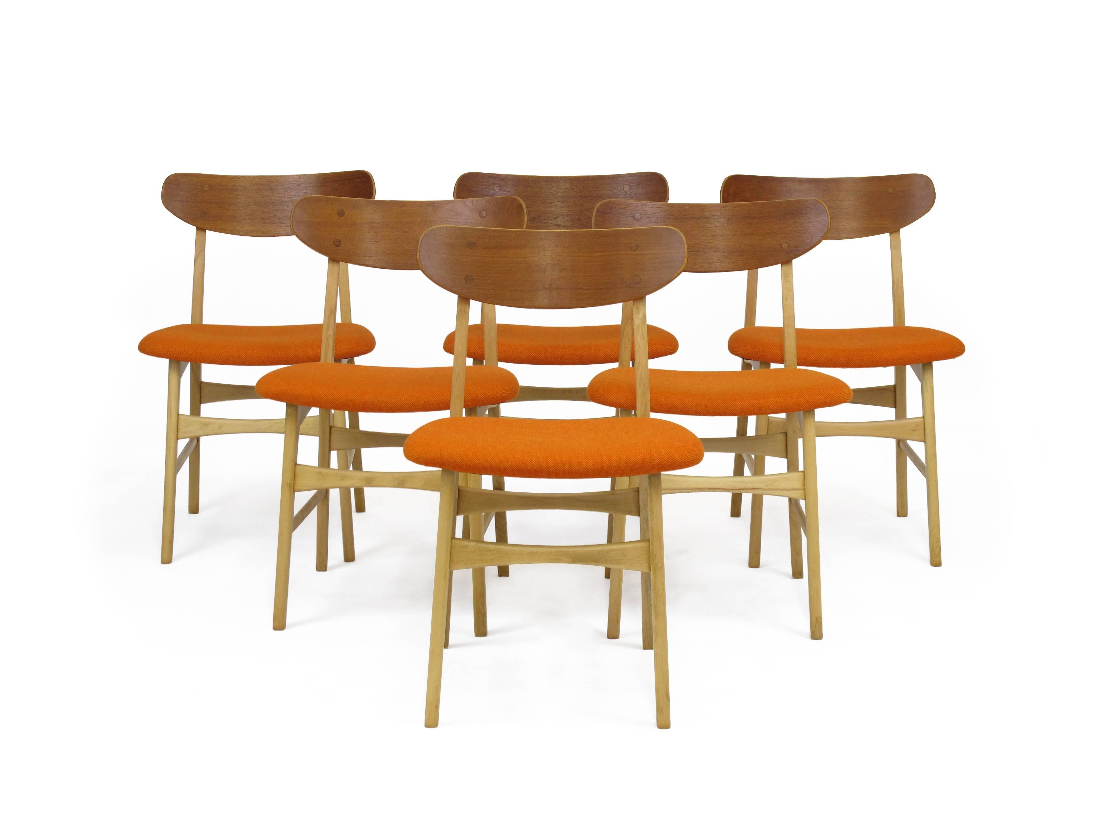 Basic Danish Teak and Beech Dining Chairs with New Orange Seats 4