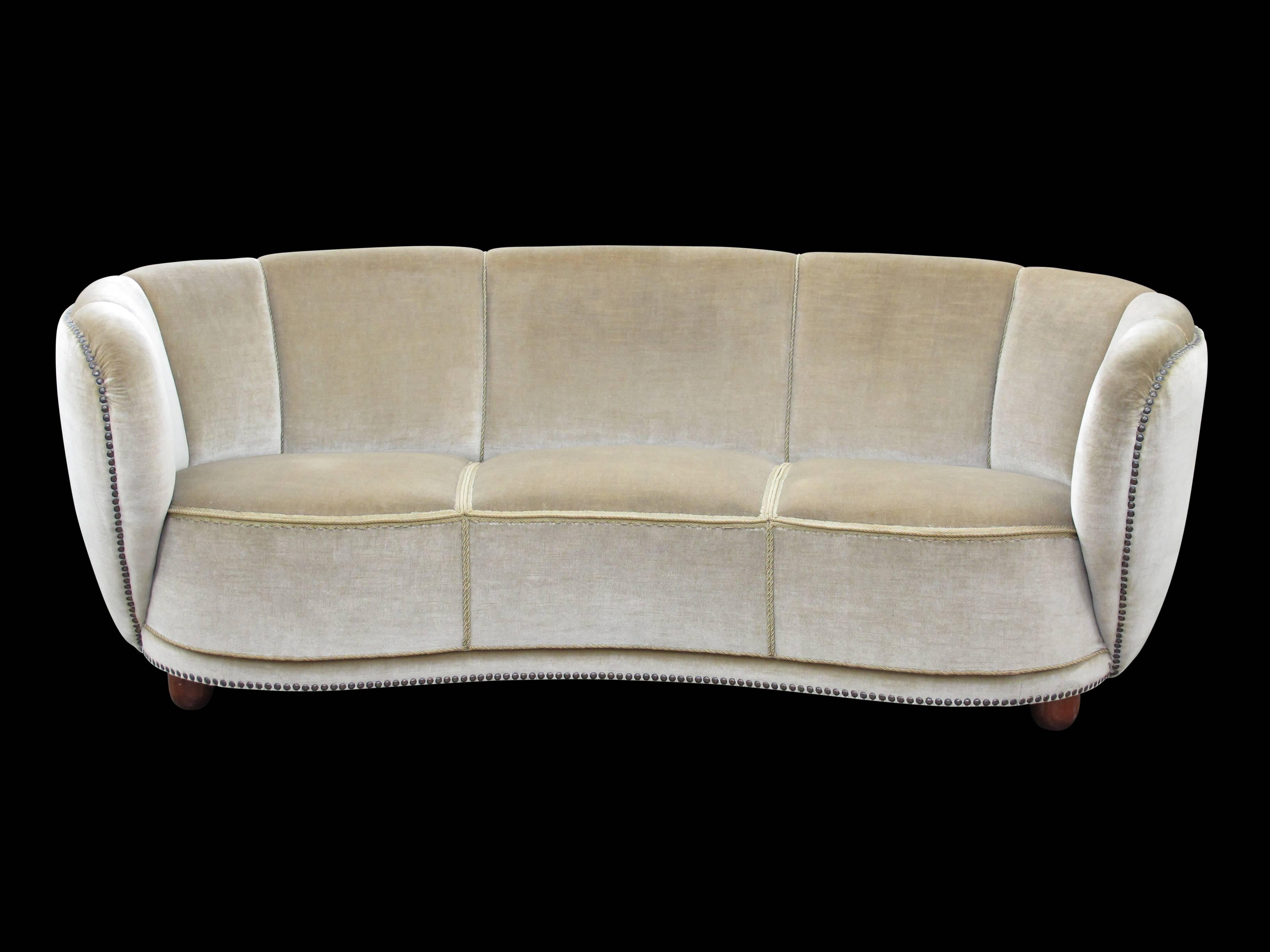 20th Century 1930s Danish Curved Sofa in Original Mohair