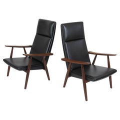 Hans Wegner High-Back Lounge Chairs in New Black Leather, a Pair