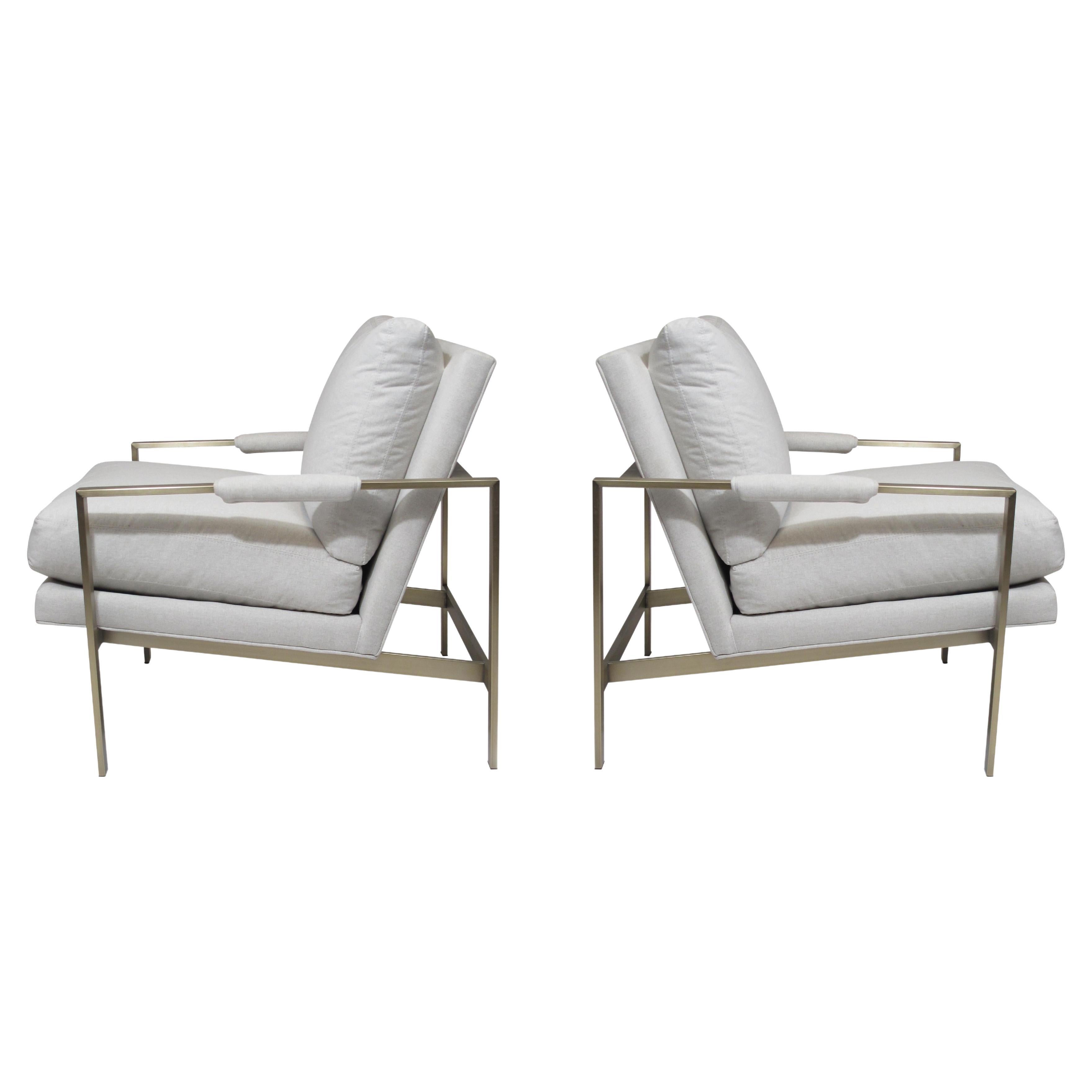 Midcentury Milo Baughman Brass Frame Lounge Chairs in Off-White Fabric For Sale