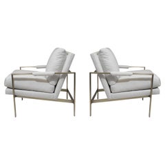 Midcentury Milo Baughman Brass Frame Lounge Chairs in Off-White Fabric