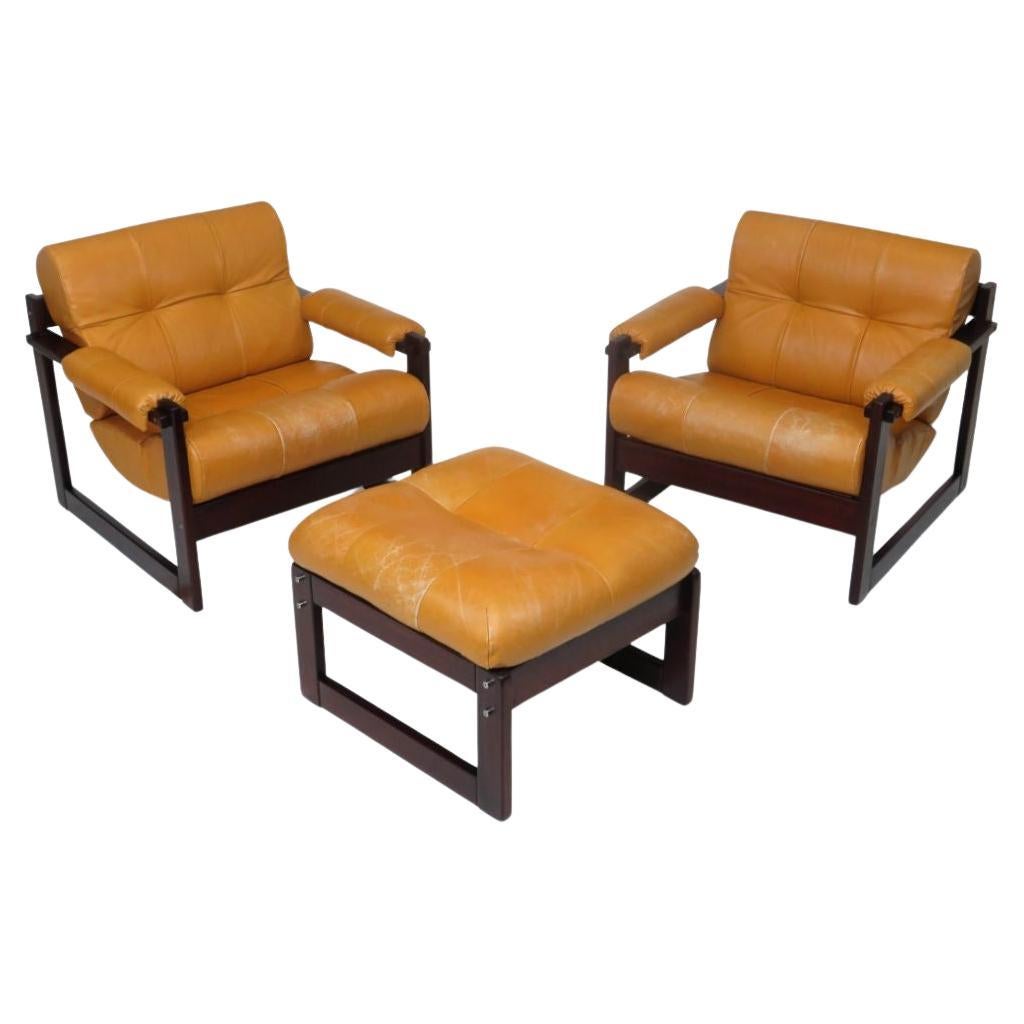 Percival Lafer Brazilian Mahogany Sling Chairs and Ottoman Set For Sale