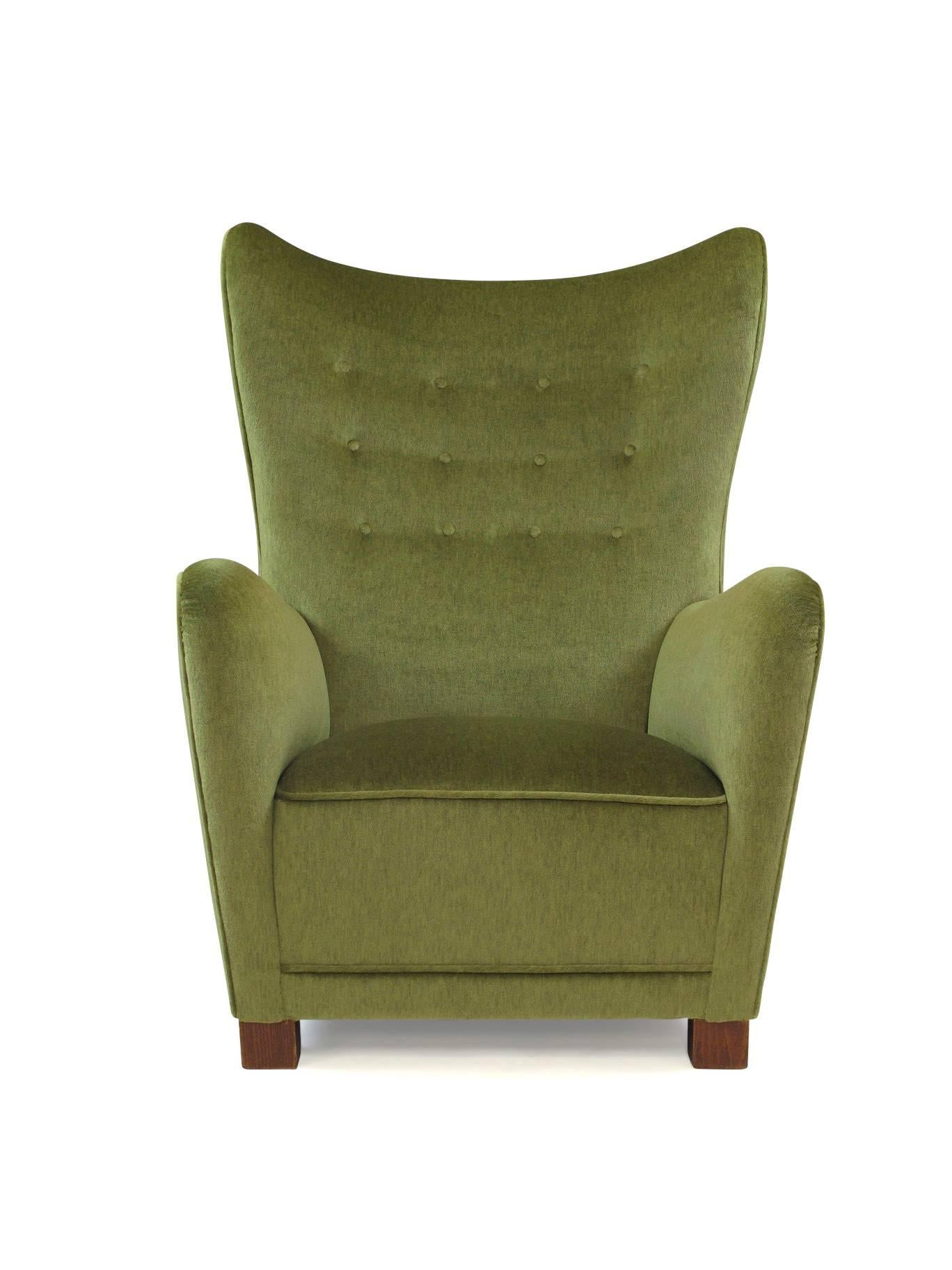 1940s, Fritz Hansen 1672 High Back Chair in Green Mohair In Excellent Condition In Oakland, CA