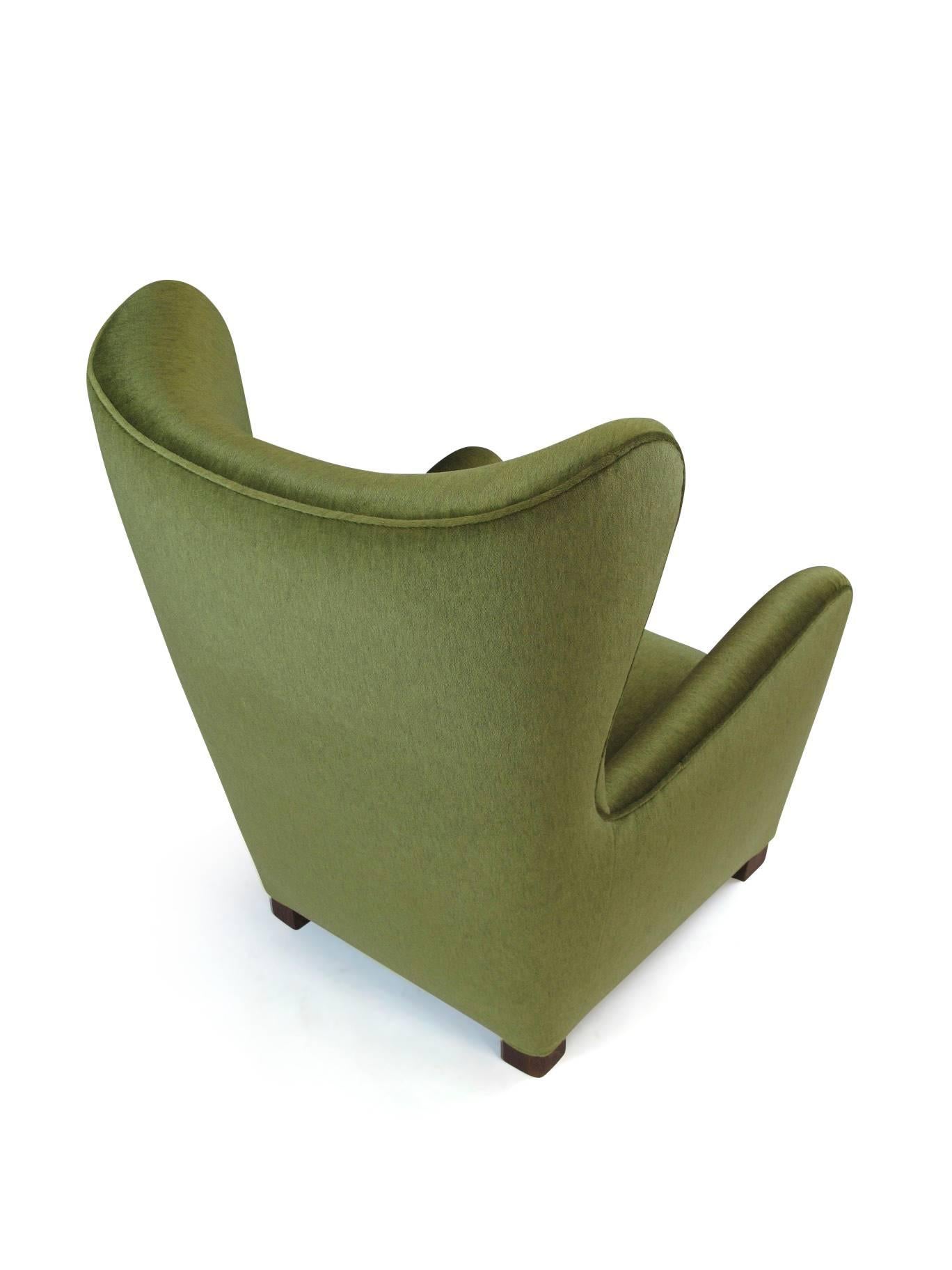 Mid-20th Century 1940s, Fritz Hansen 1672 High Back Chair in Green Mohair