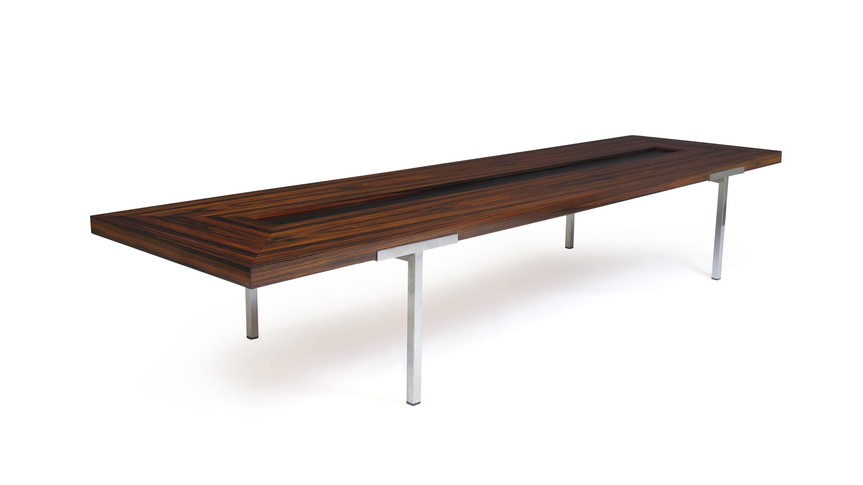 Large 8' Santos Rosewood Coffee Table on Steel Legs In Excellent Condition In Oakland, CA