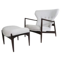Restored IB Kofod Larsen Highback Lounge Chair and Ottoman in New Fabric