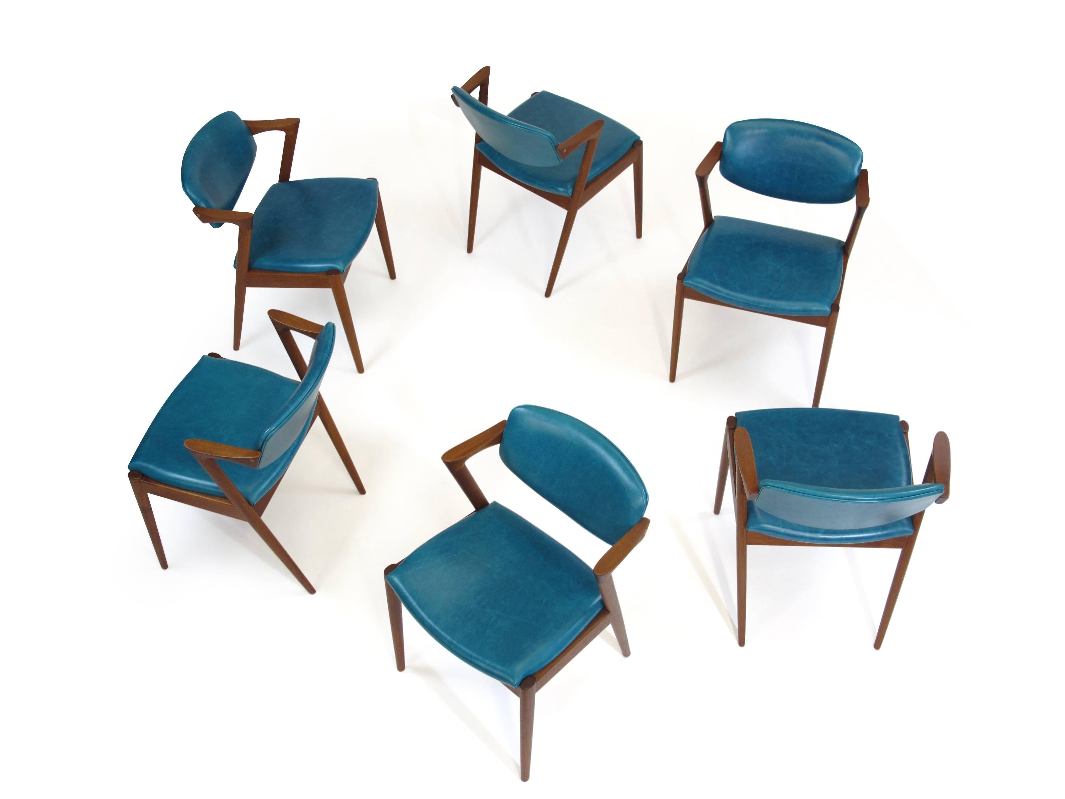 Six Kai Kristiansen Teak Danish Dining Chairs in Turquoise Leather, 20 Available 1