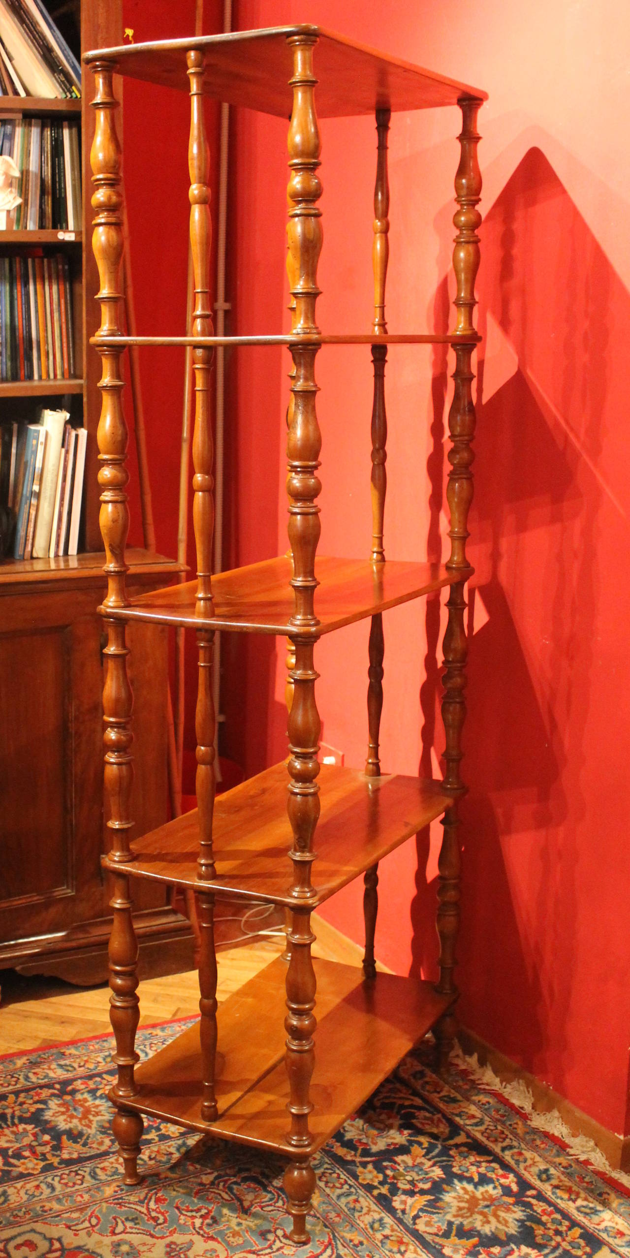 Italienisch 19. Jahrhundert Regency-Stil rustikale Nussbaum Holz offene Regale Bücherregal (Handgeschnitzt) im Angebot