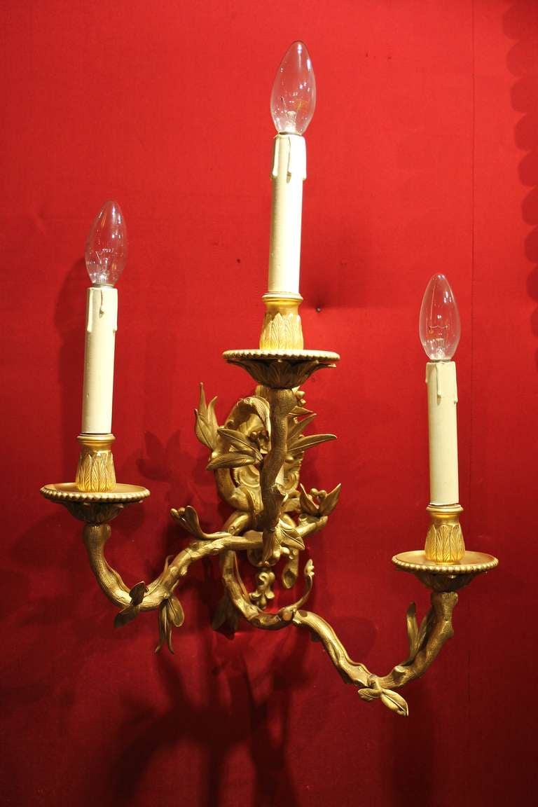 These gorgeous French Louis XVI style ormolu finely chiseled wall lights appliques are designed with one higher and two lower curved and twisted faux bamboo candle arms draped over a centre rod with foliate and scroll patterns.
These three-light