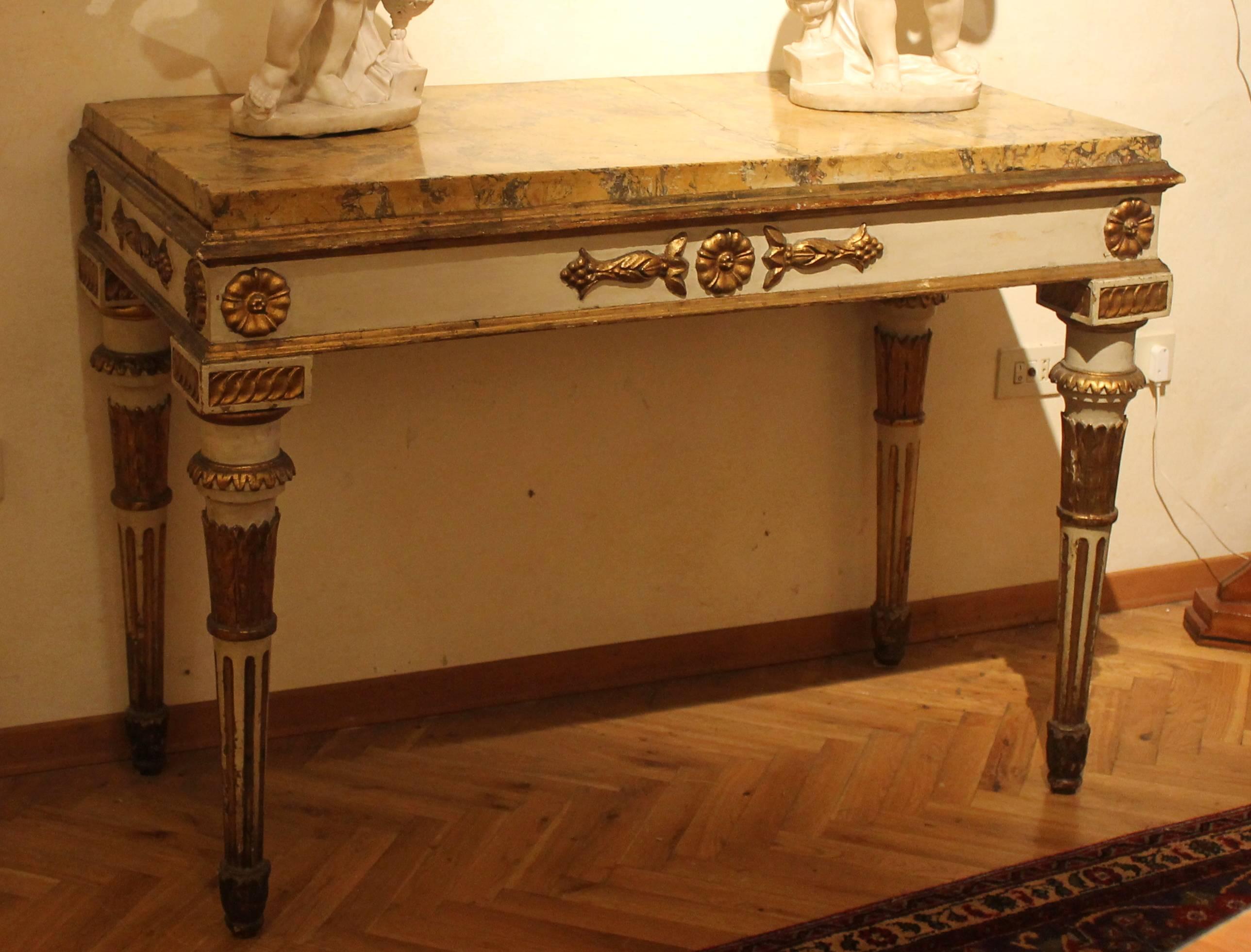 18th Century and Earlier Louis XVI Italian White Lacquer and Giltwood Console Scagliola Siena Marble Top For Sale