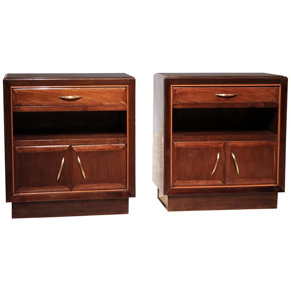 Pair of Italian Art Deco Walnut Wood Nightstand Cabinets with Brass Handles