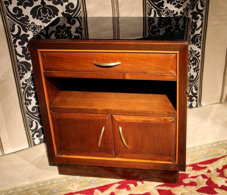 Gilt Pair of Italian Art Deco Walnut Wood Nightstand Cabinets with Brass Handles