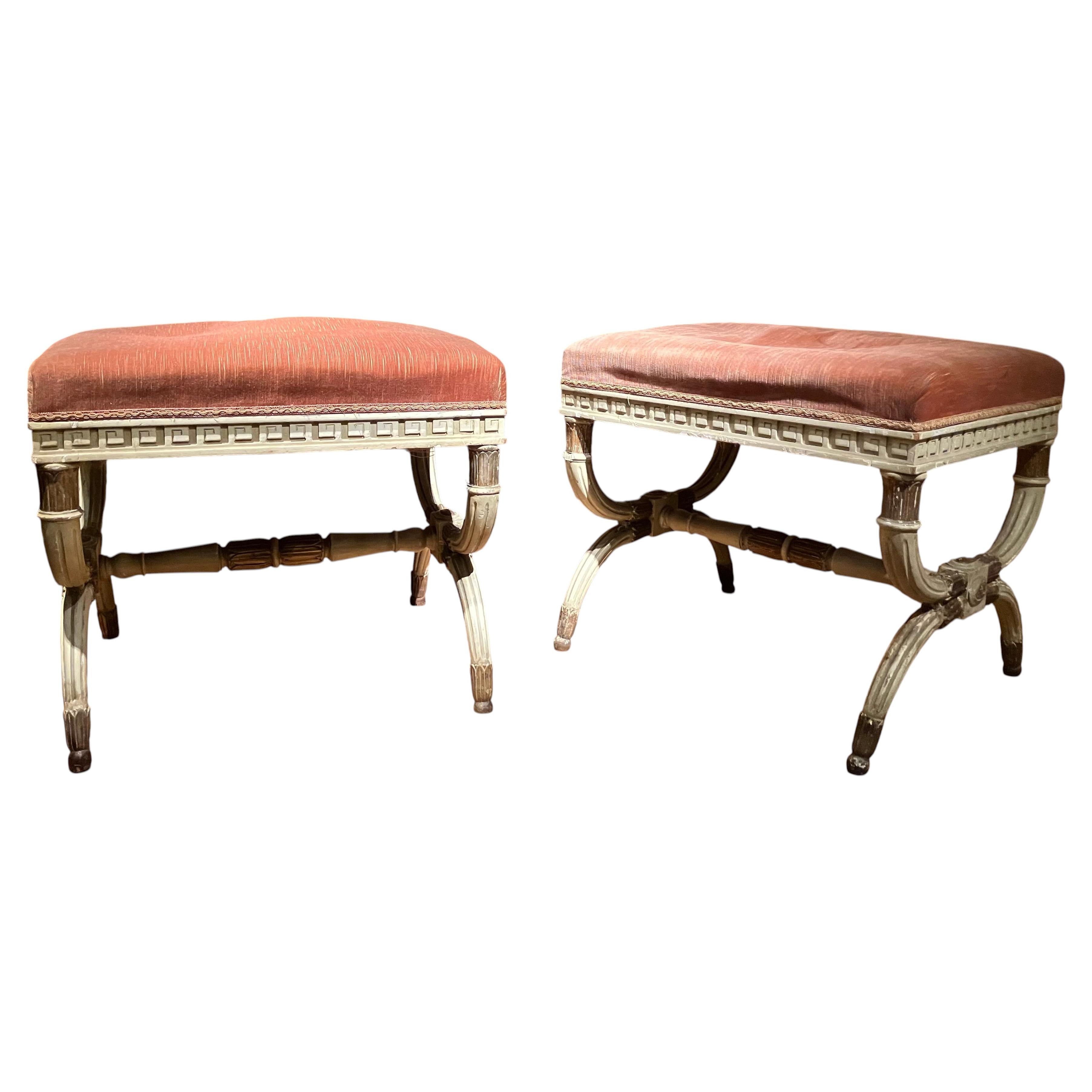 Pair of 19th Century Italian Louis XVI Style Lacquered and Parcel Gilt Stools For Sale