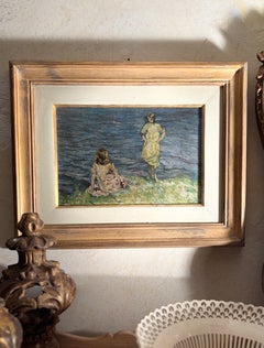 Impressionist Italian Oil Painting on Panel, *Two Women by the Water*, Gilded Frame