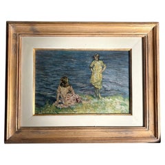 Impressionist Italian Oil Painting on Panel, *Two Women by the Water*, Gilded Frame
