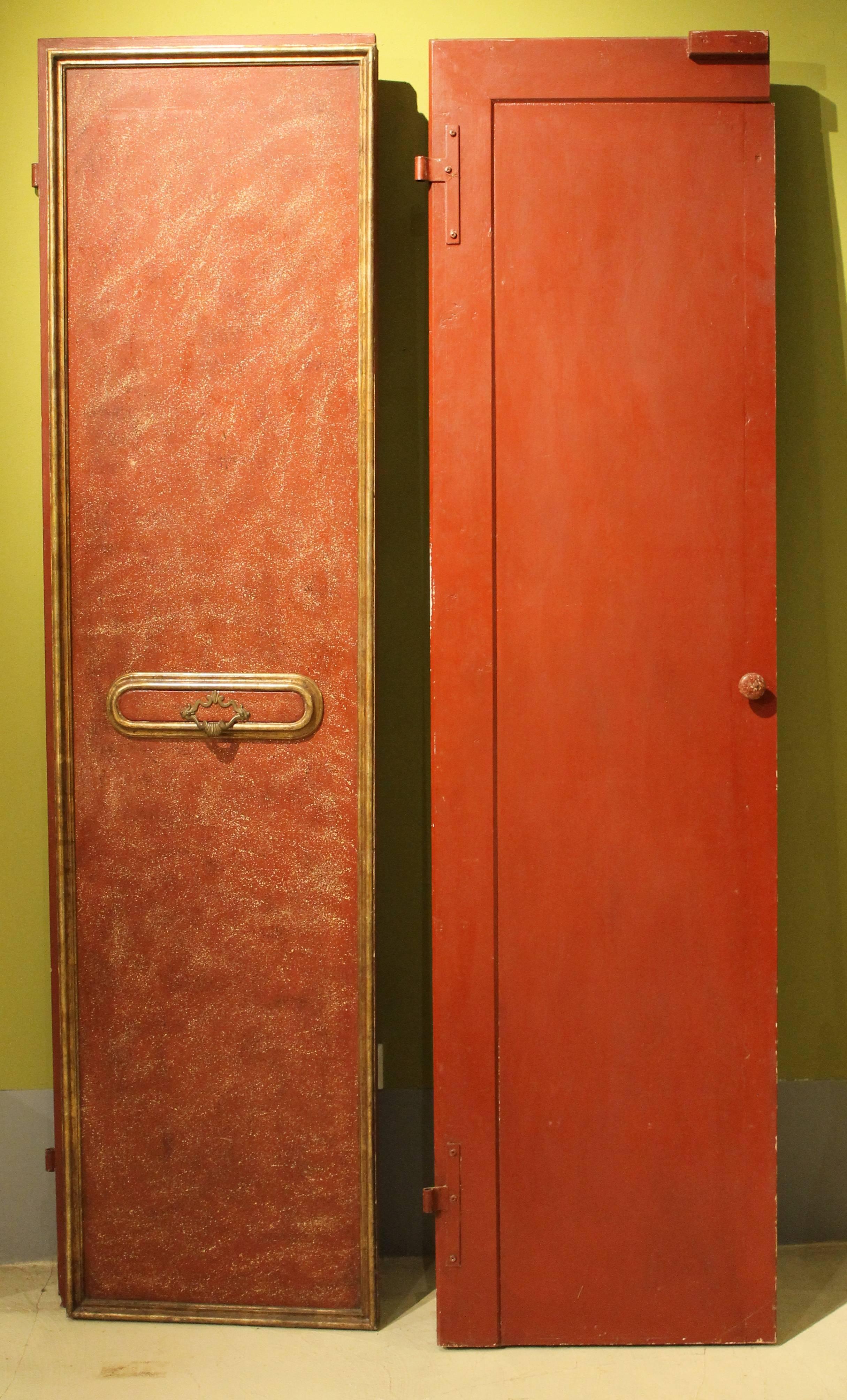 19th Century Pair of Italian Red Lacquered Wood Doors with gilt accents