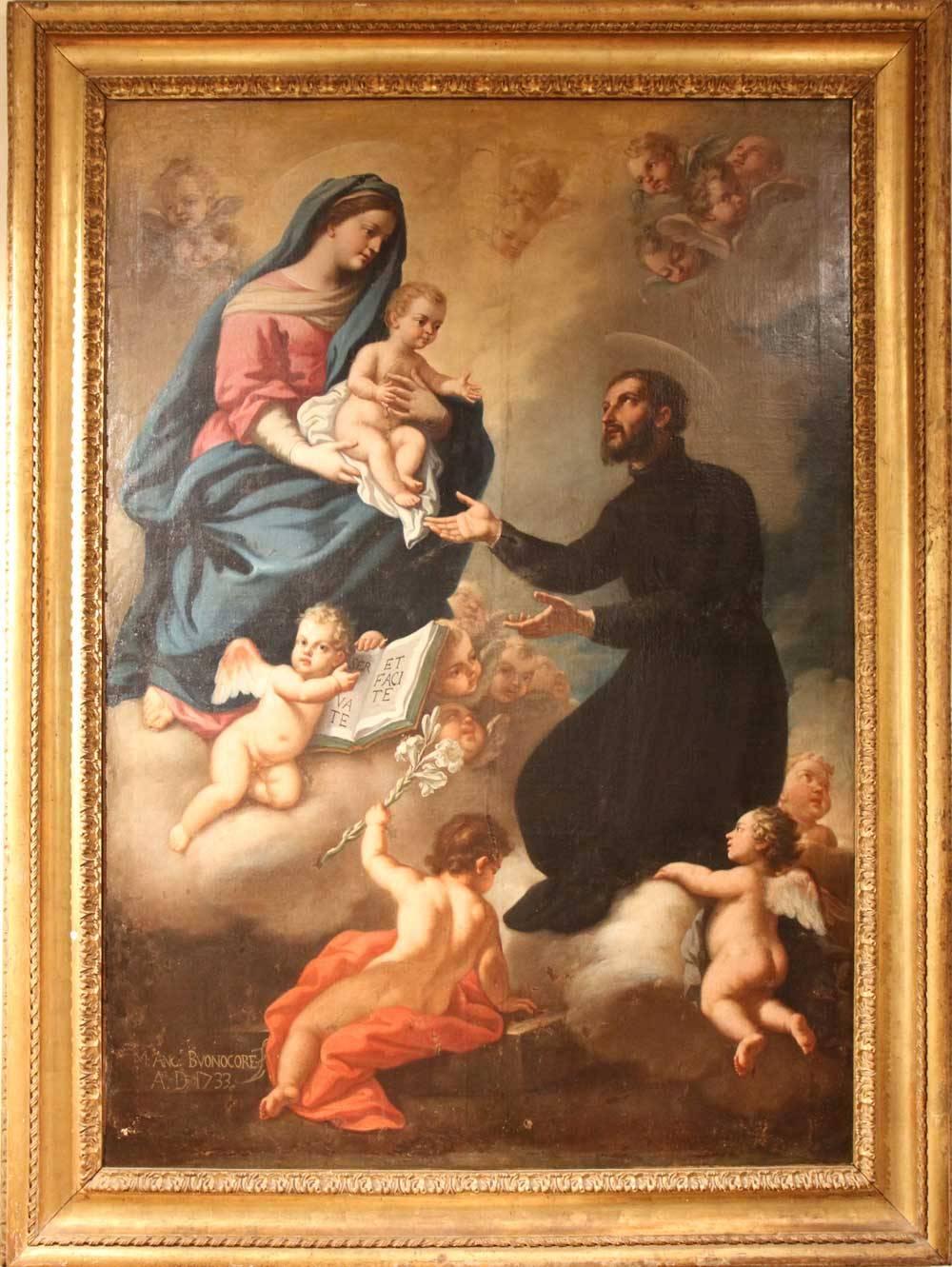 This antique and impressive oil on canvas of big dimension (more that 2 meter high) represents a religious scene with The Virgin Mary,The Holy Baby, Saint Gaetano from Thiene and Putti. This wonderful painting is signed by Michelangelo Buonocore and