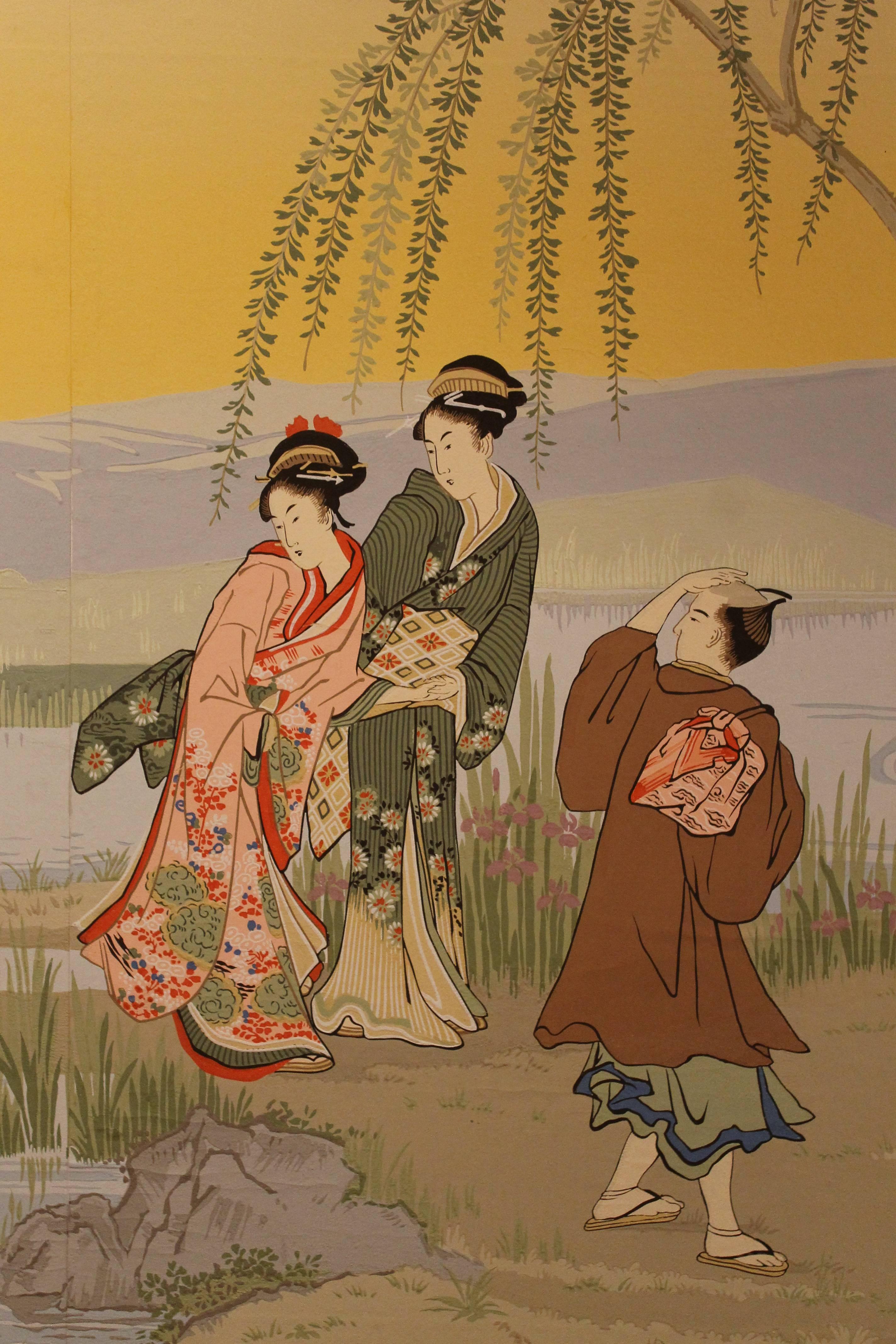 Panneaux papier peints dramatiques français La scène de jardin japonaise Bon état - En vente à Firenze, IT