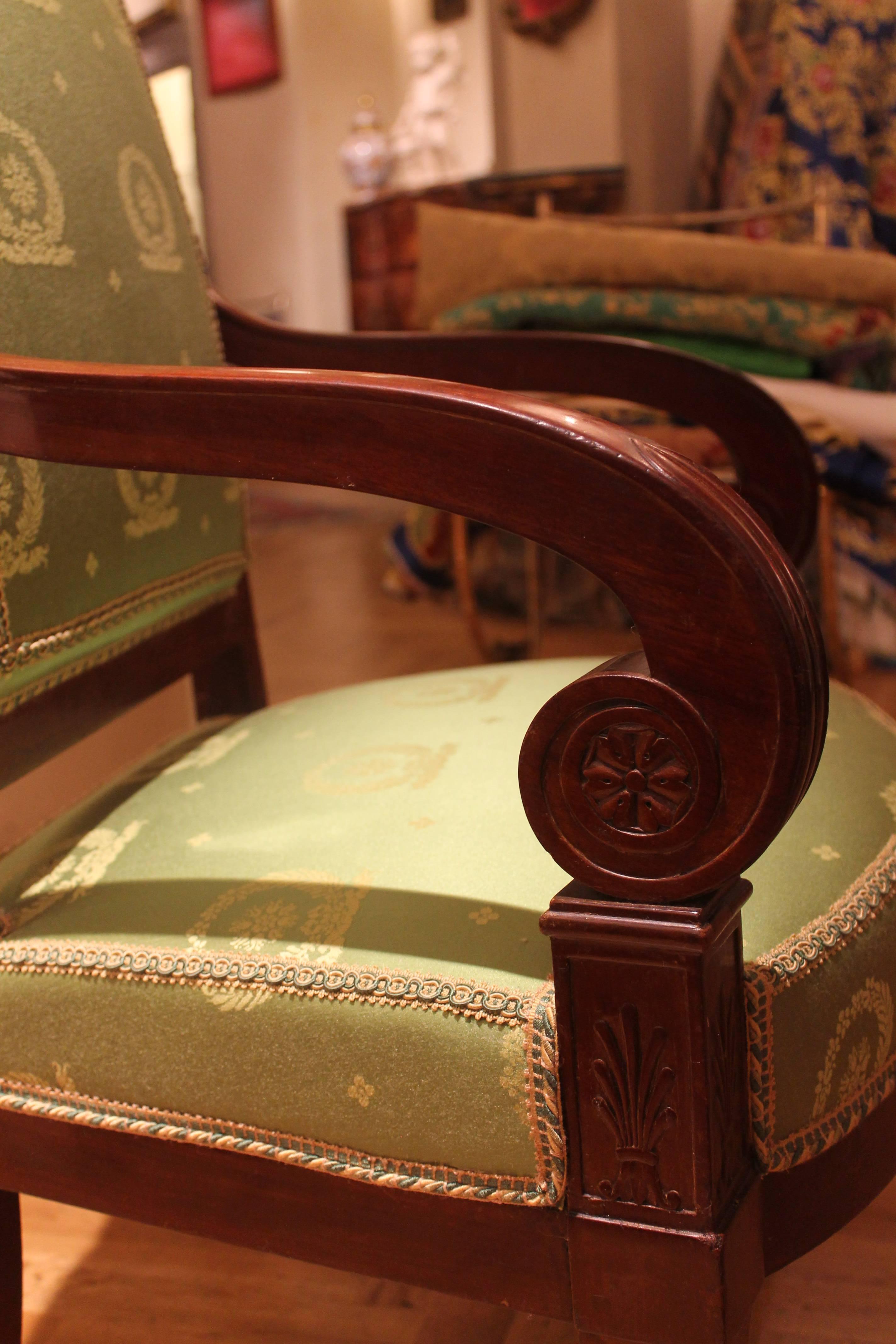 George Jacob 18th Century Pair of Mahogany and Green Silk Upholstered Armchairs  In Good Condition In Firenze, IT