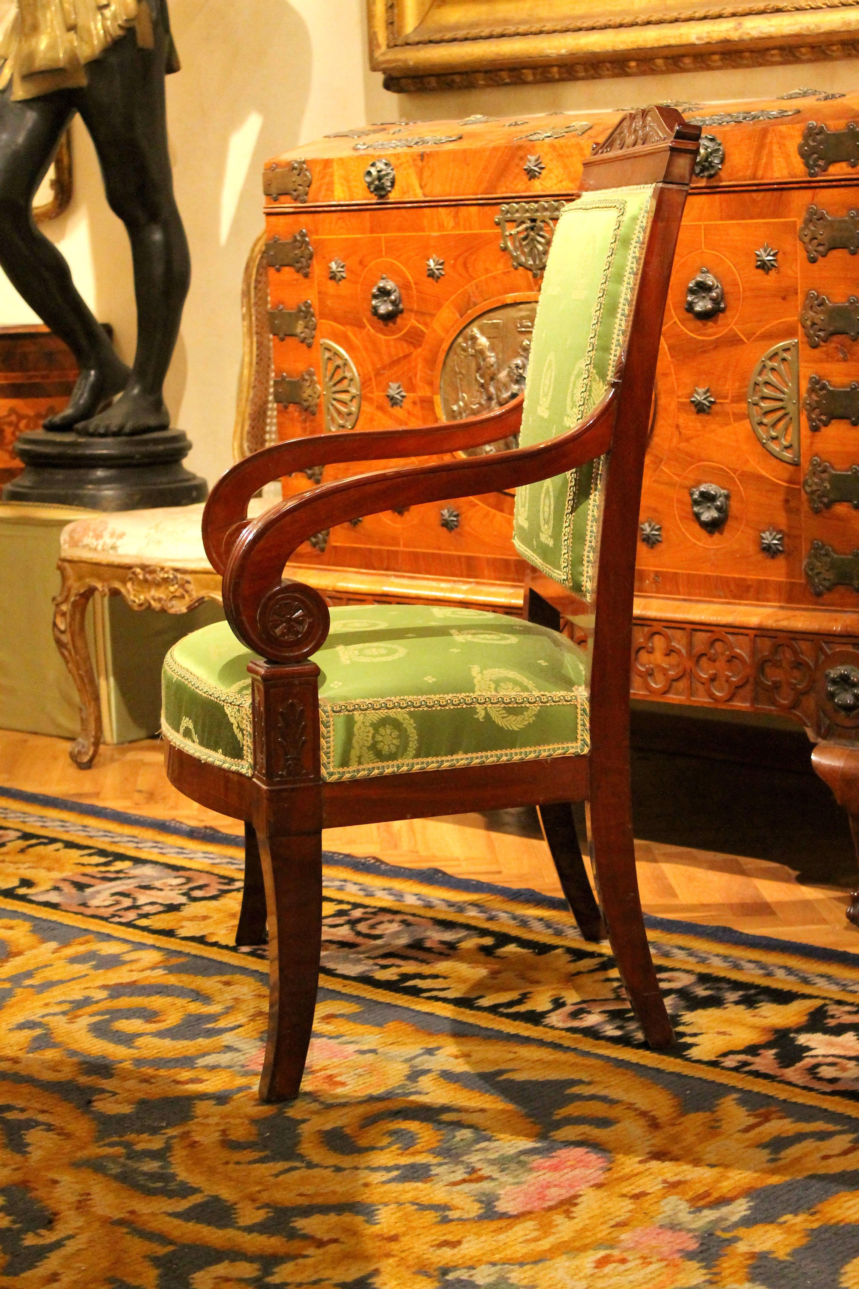 Hand-Carved George Jacob 18th Century Pair of Mahogany and Green Silk Upholstered Armchairs 