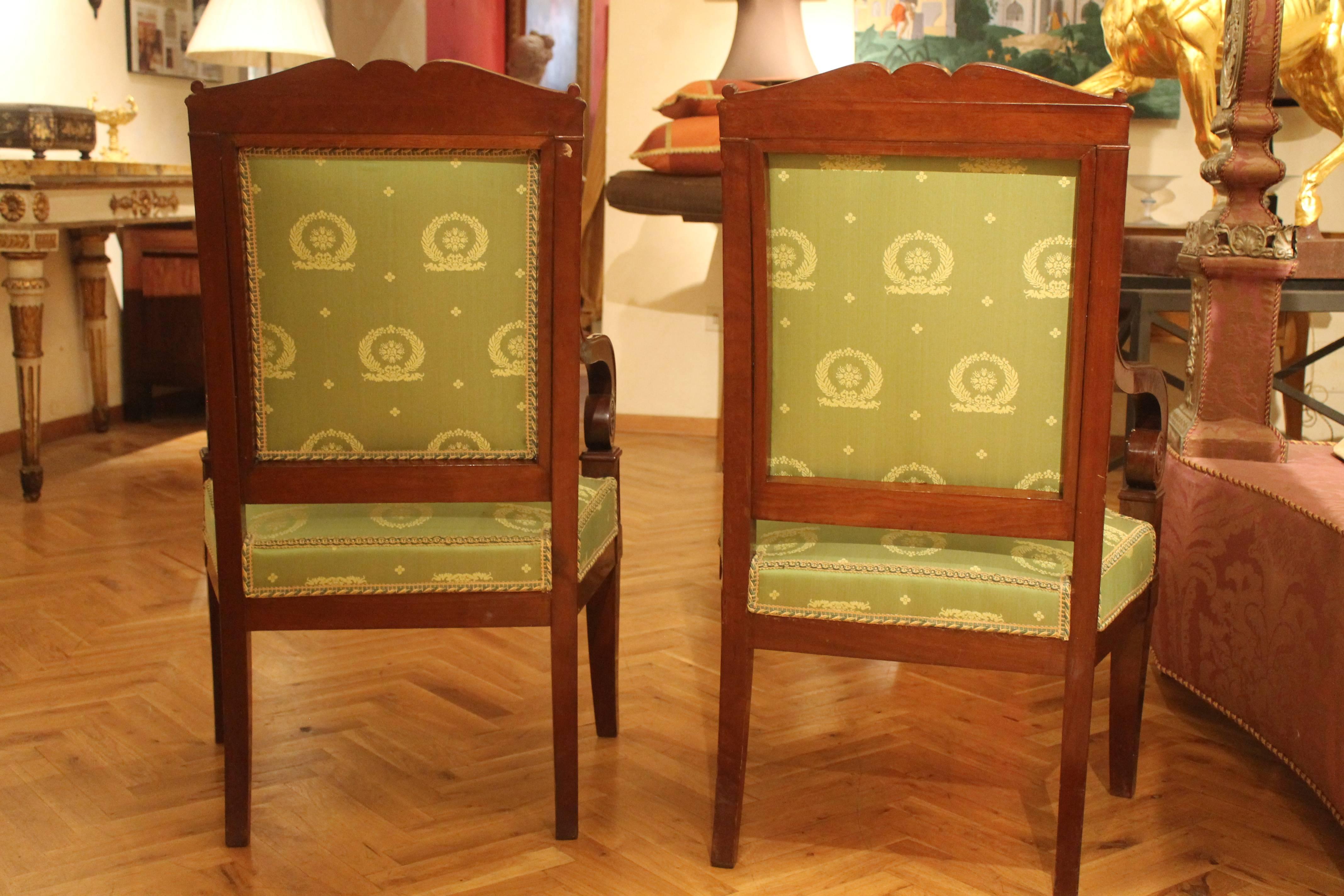 19th Century George Jacob 18th Century Pair of Mahogany and Green Silk Upholstered Armchairs 