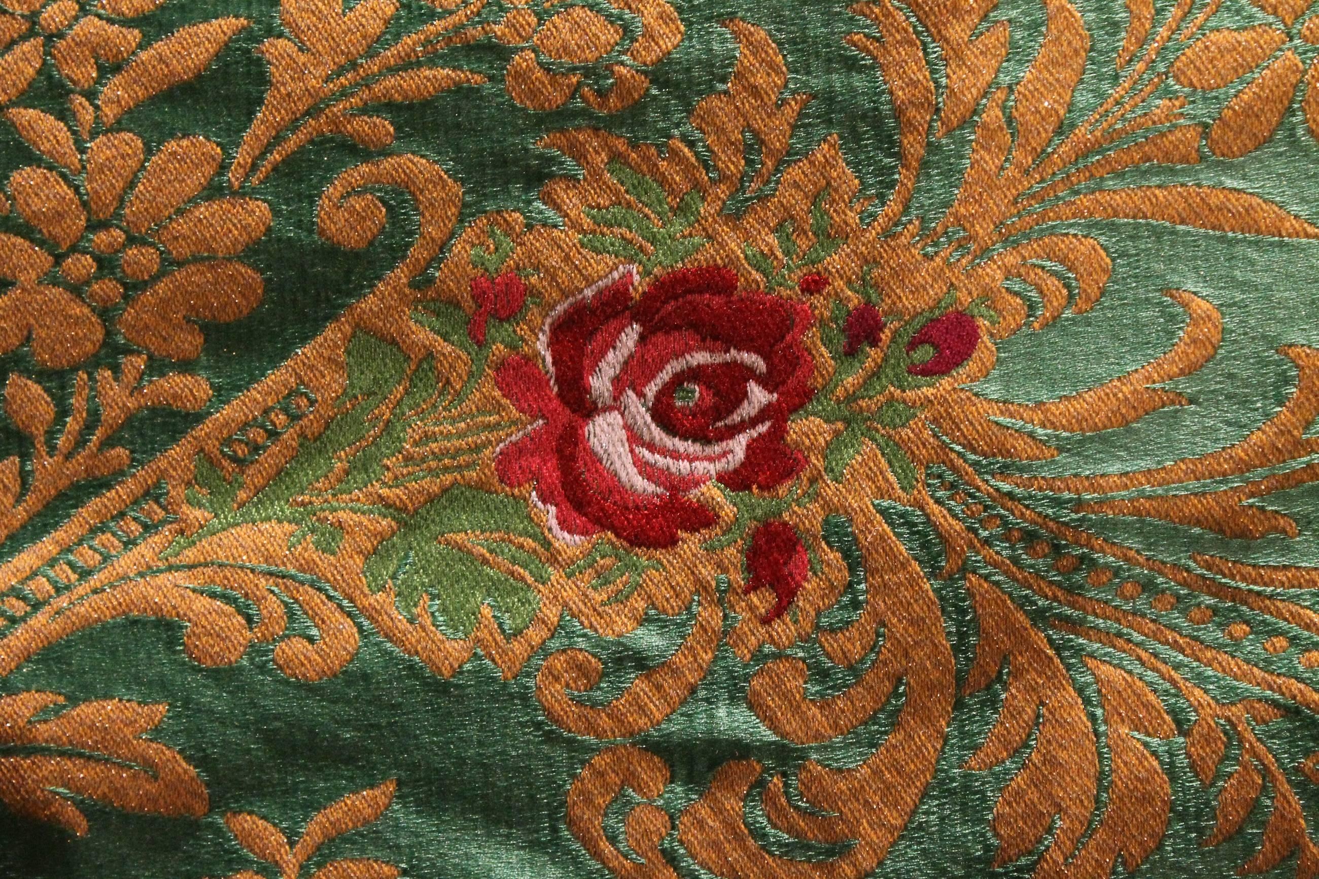 Italian Green Silk Blend Brocade Fabric with Red Roses and Gold Floral Patterns For Sale 8