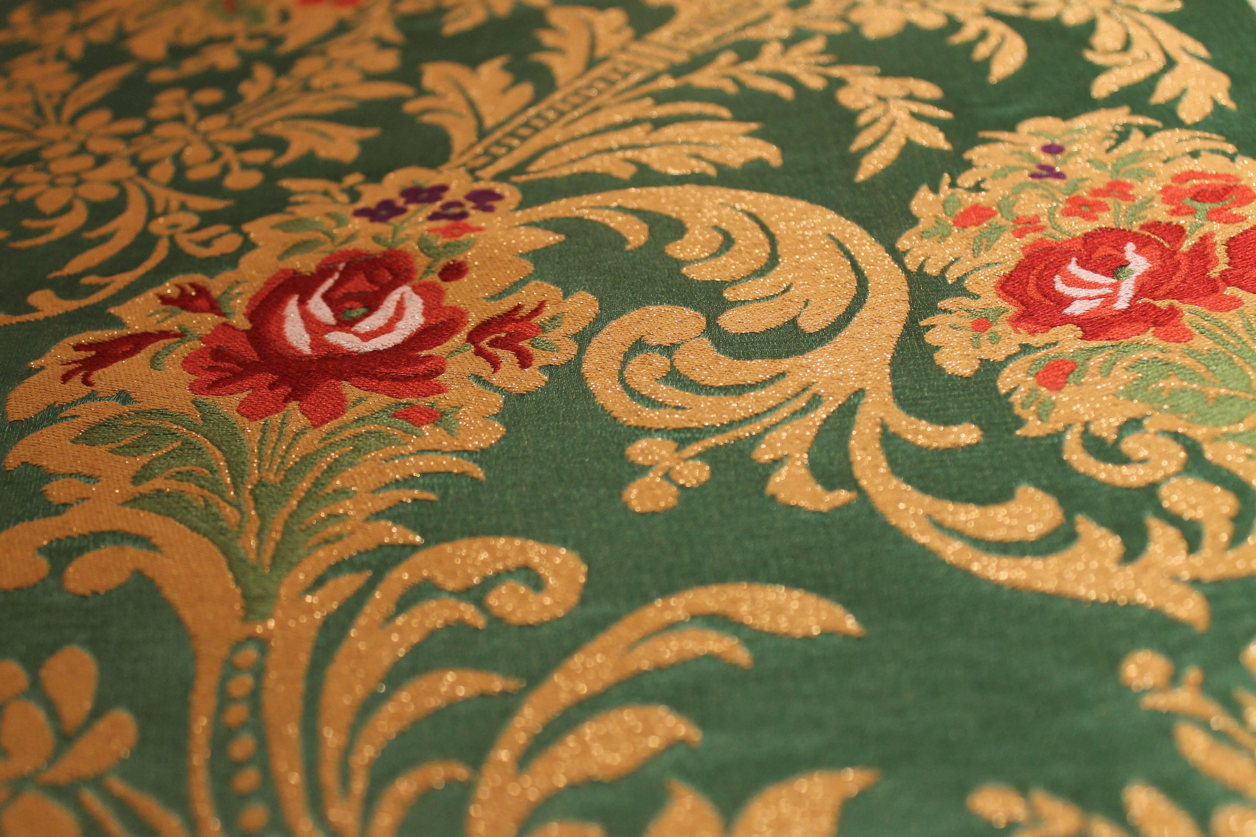 Italian Green Silk Blend Brocade Fabric with Red Roses and Gold Floral Patterns For Sale 9